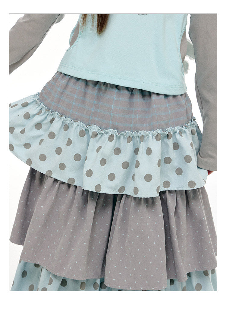 Gray-Blue Polka Dot Tiered Maxi Skirt