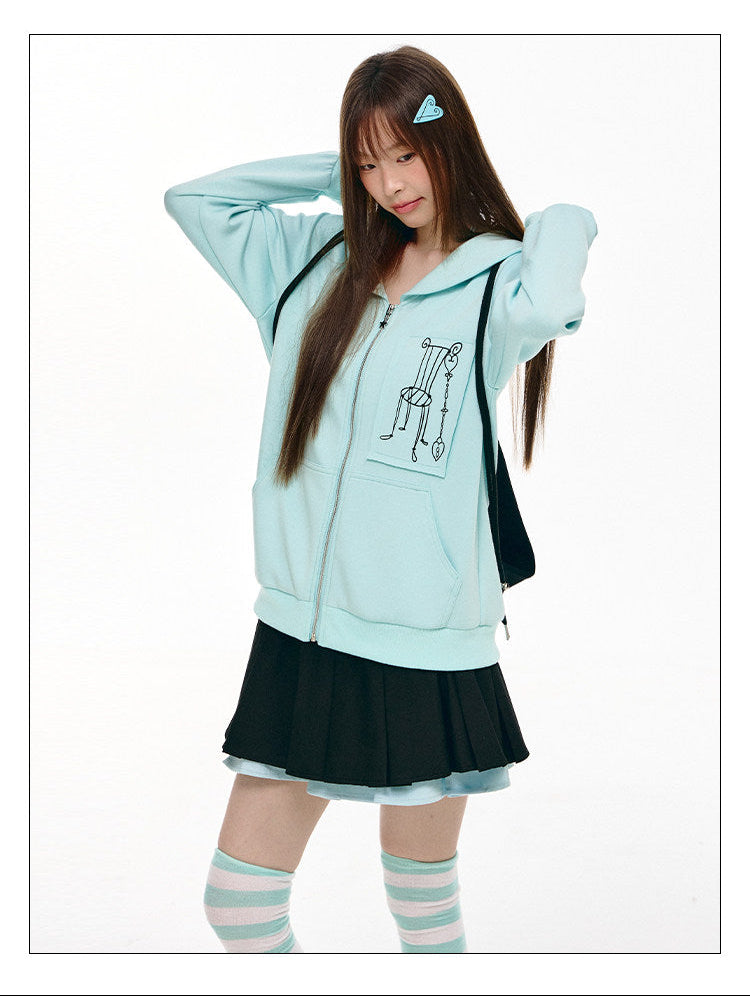 Mint Sailor-Collar Graphic Zip-Up Jacket