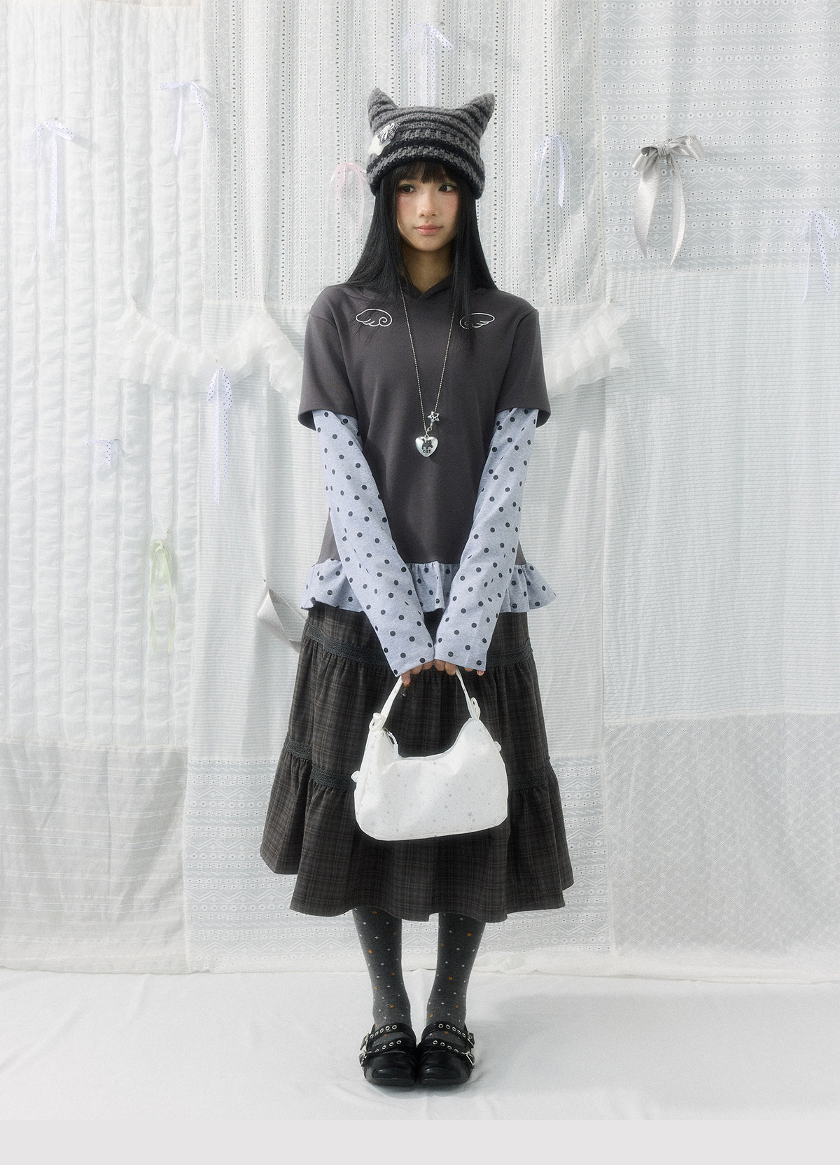 Angel Wing Polka-Dot Layered Hooded Long Sleeve Top