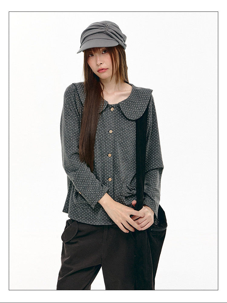 Charcoal Polka Dot Peter Pan Collar Button Shirt