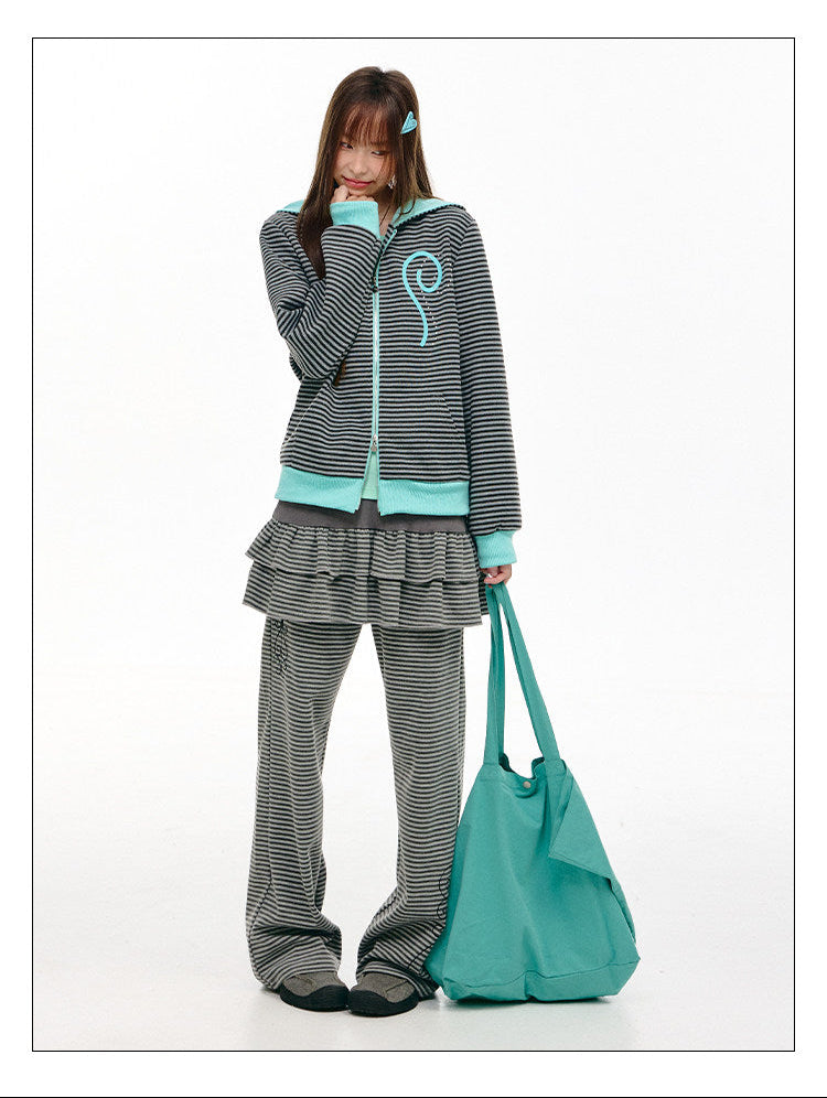 Mint Contrast Stripe Double-Zip Hoodie