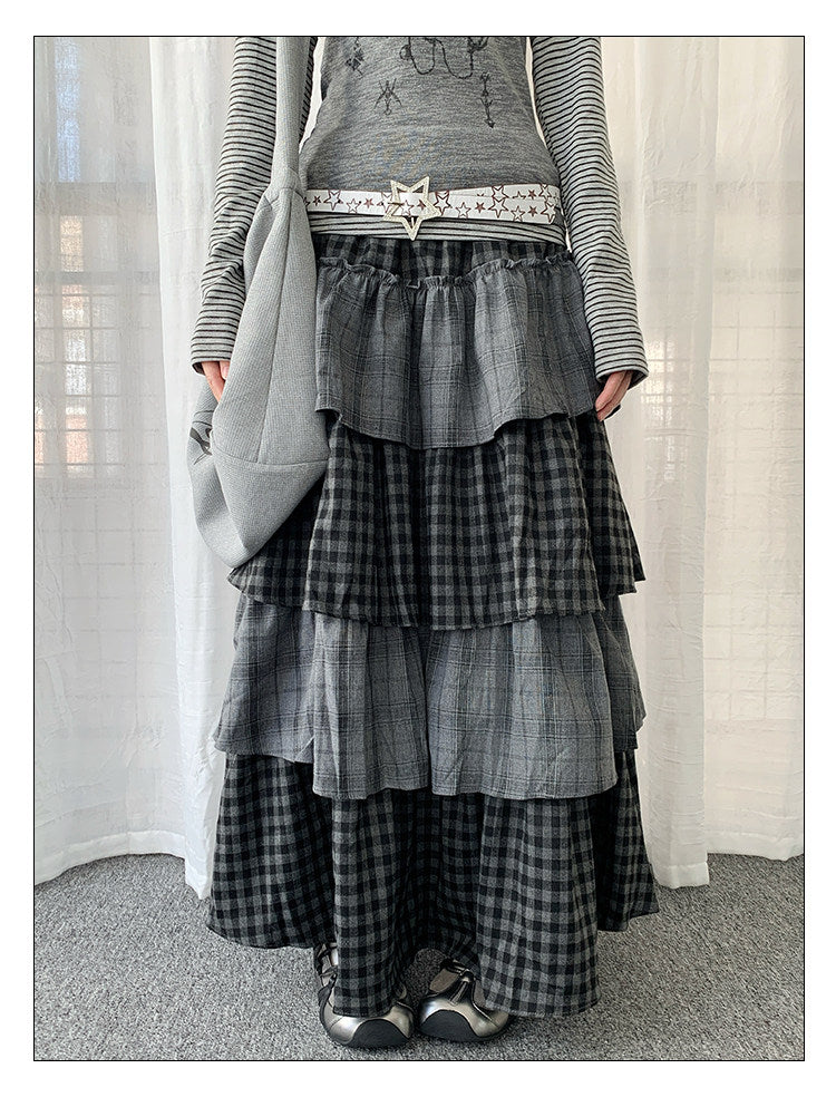 Layered Plaid Tiered Maxi Skirt