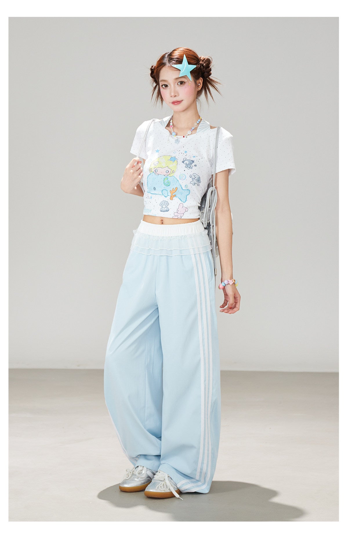 Ruffle Waist Side Stripe Wide-Leg Pants