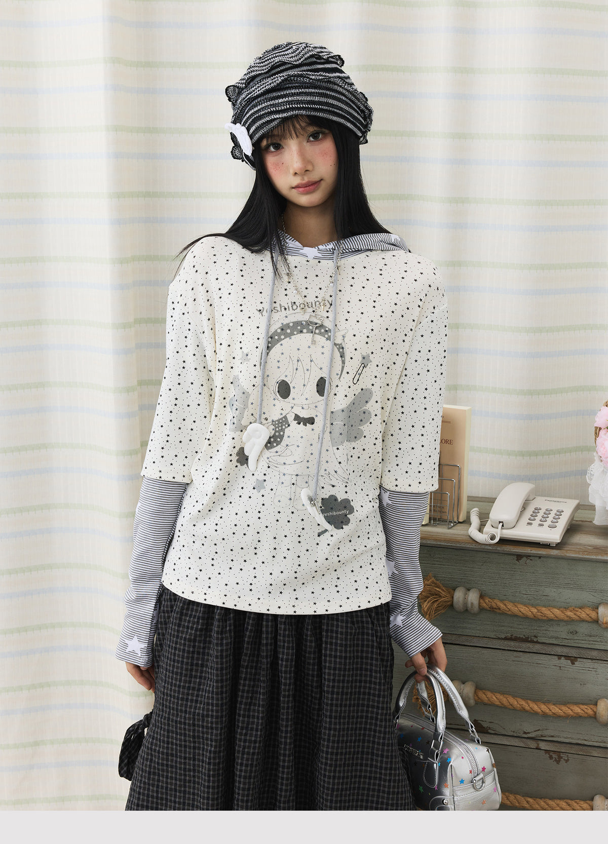 Cartoon Star Print Faux-Layer Hooded Top