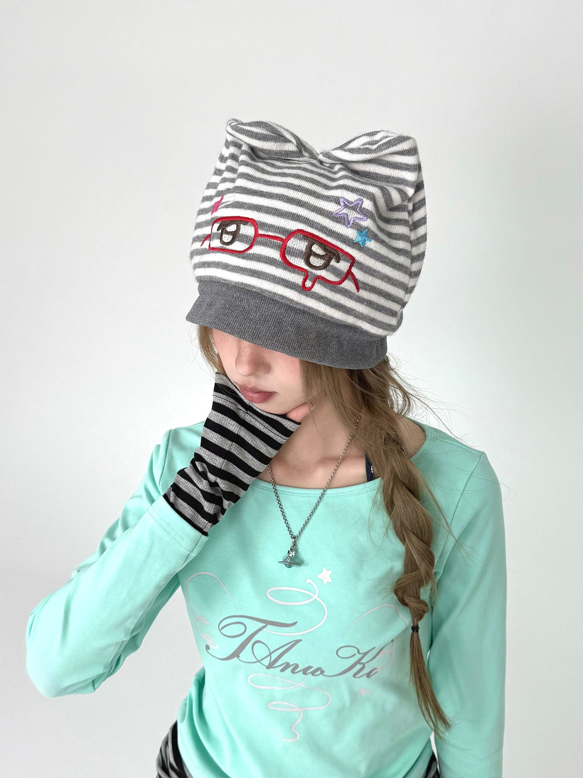Gray Striped Bunny Ear Embroidered Knit Hat