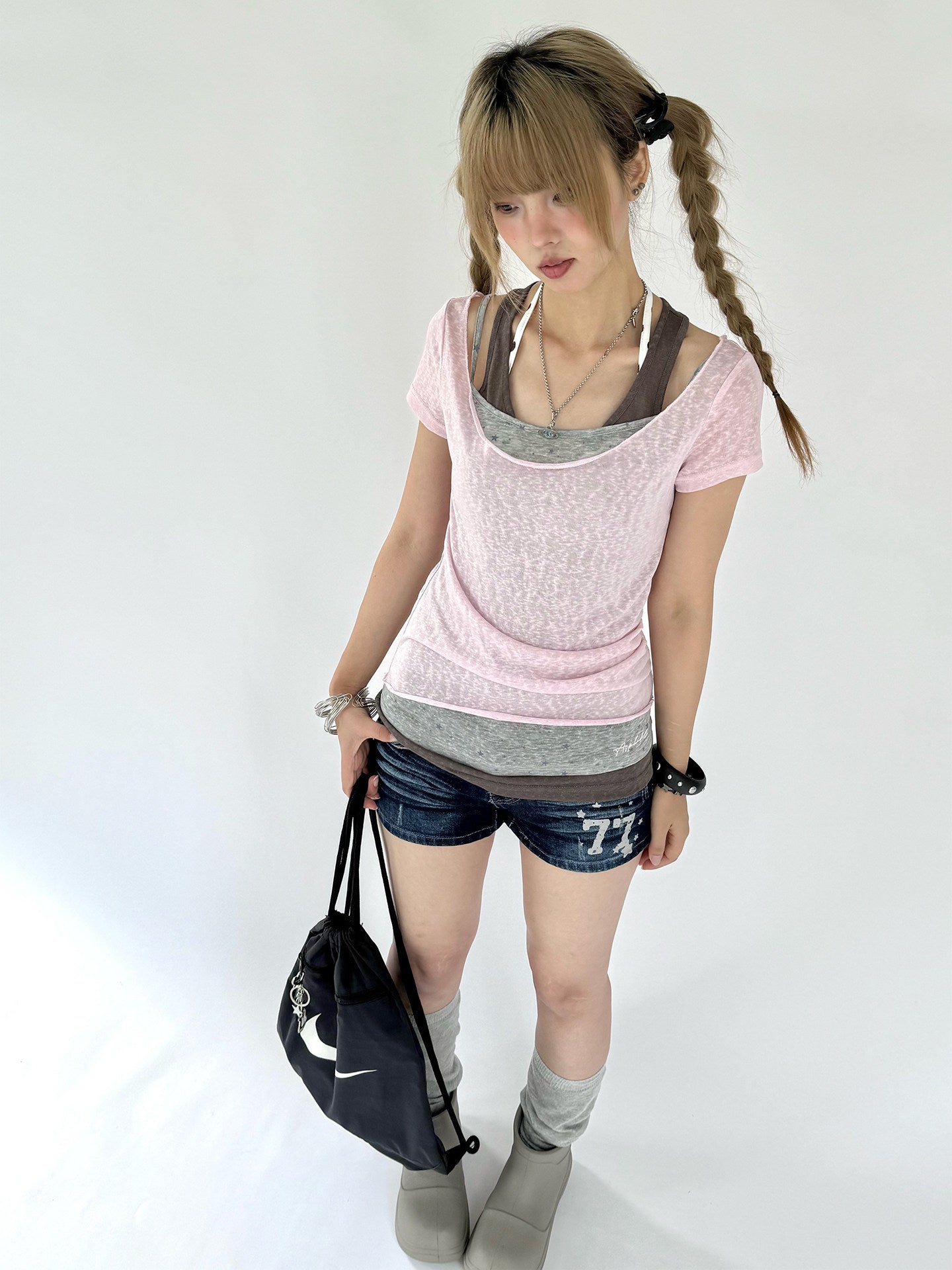 Pink Gray Triple-Layer Fitted Tee
