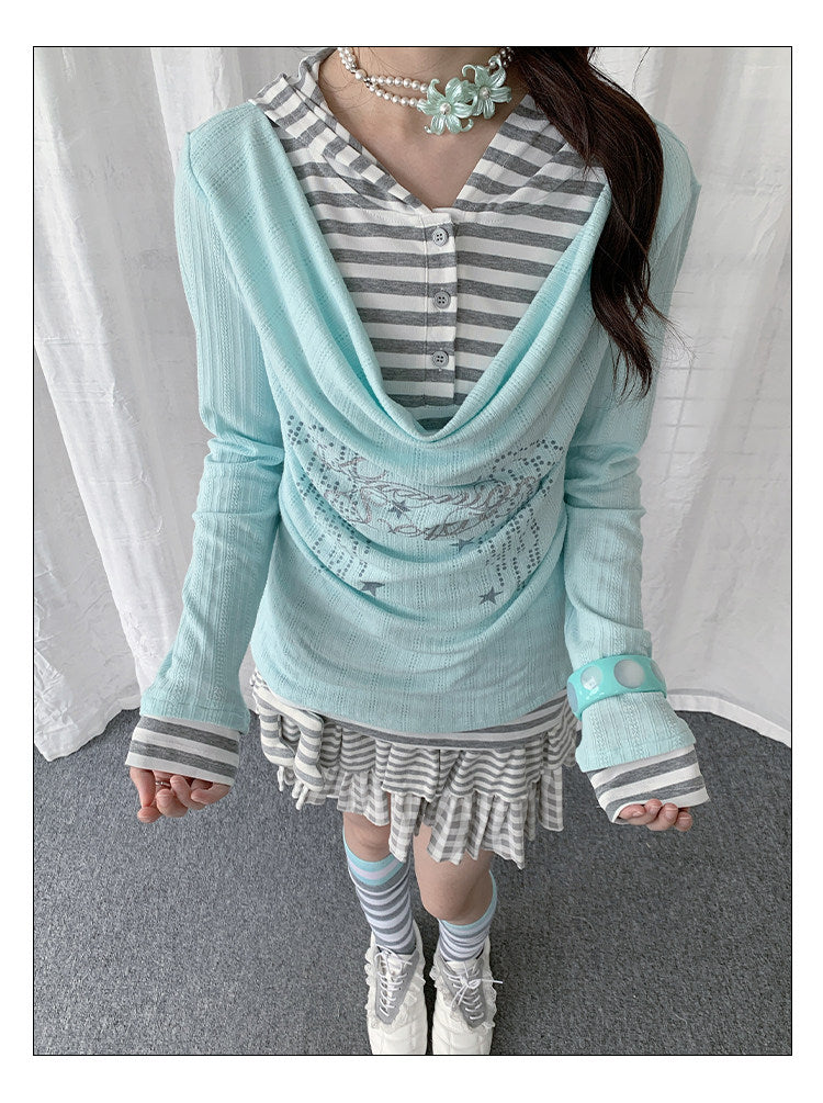 Draped Stripe-Collar Faux-Layer Long-Sleeve Top