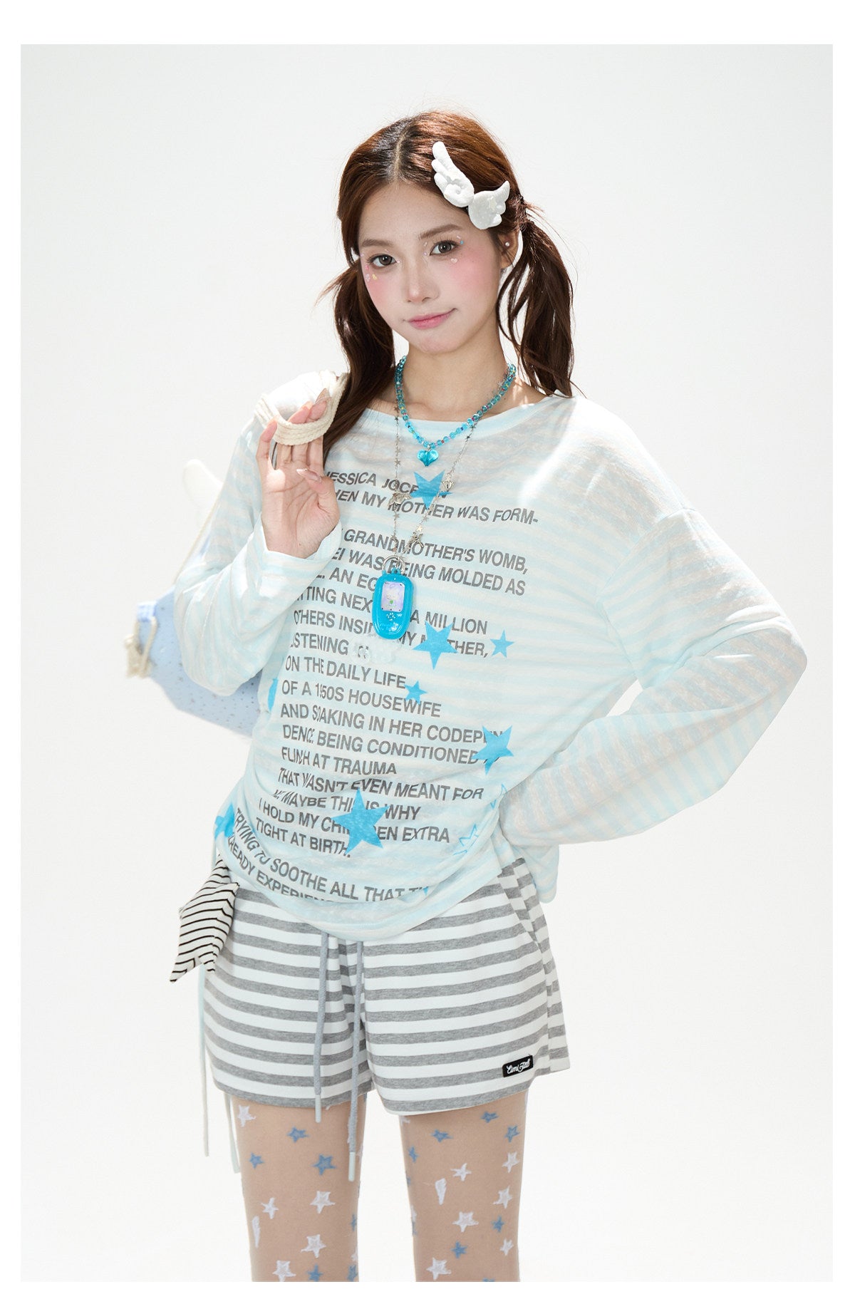 Star Stripe Sheer Long Sleeve Top & Gray Striped Drawstring Shorts