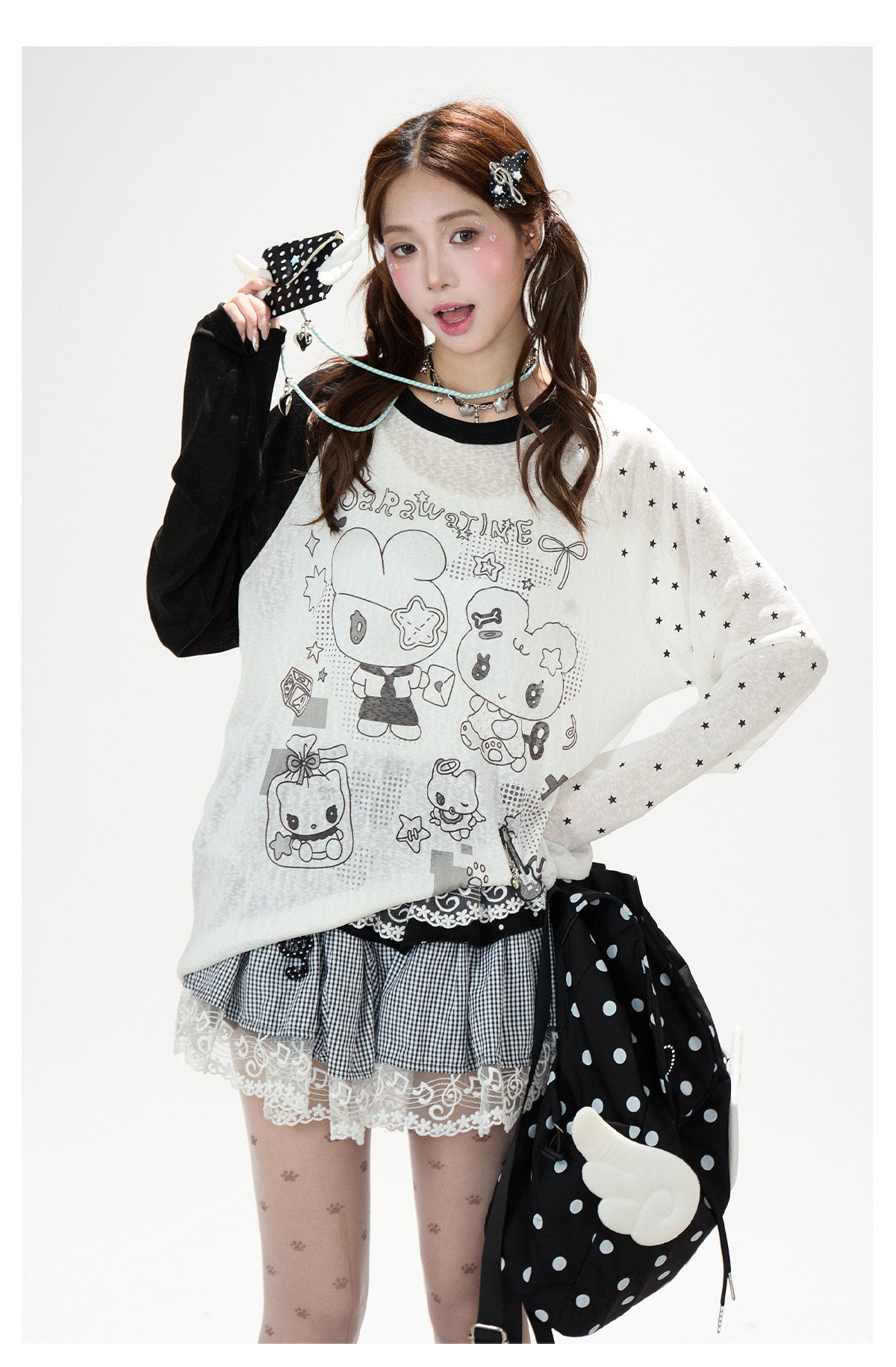 Cartoon Star Sheer Long Sleeve Top & Black Music Lace Gingham Mini Skirt