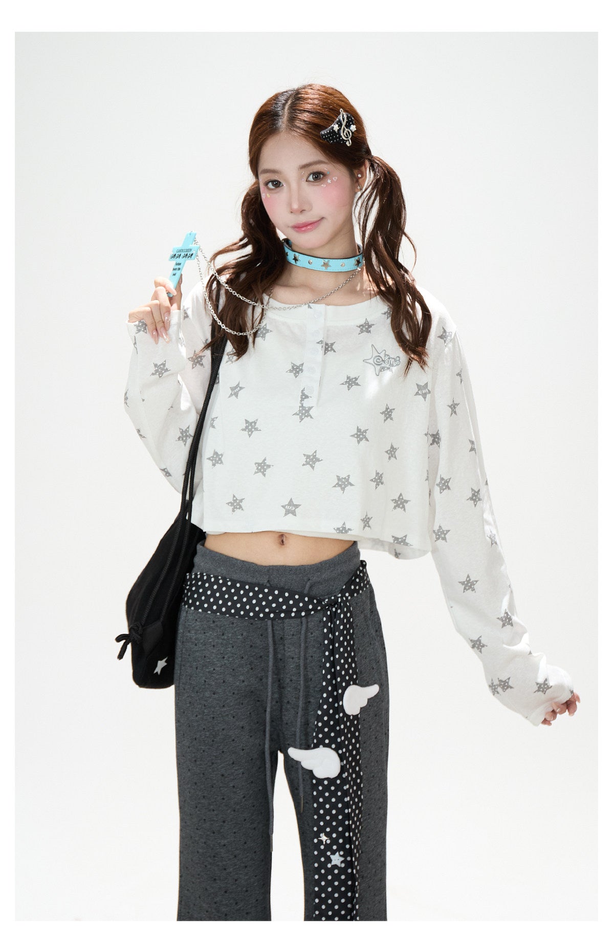 Allover Star Cropped Long Sleeve Top & Dark Heather Gray Wide Leg Pants