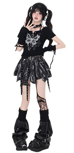 Butterfly Fragment Halter Graphic Top with Arm Warmers