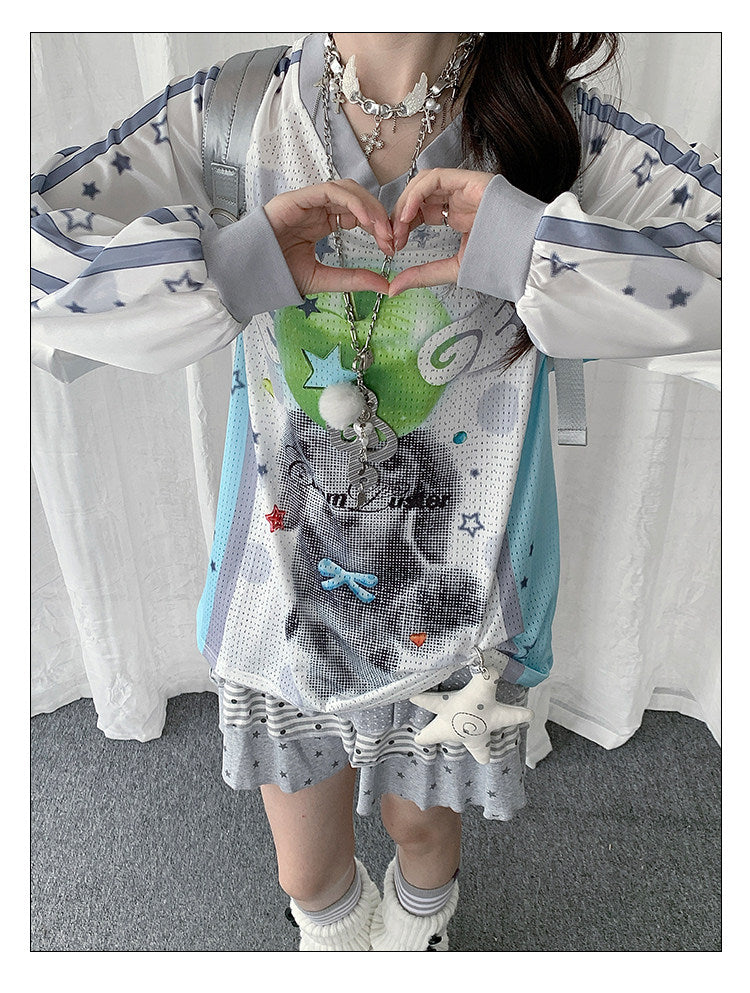 Puppy Star Graphic V-Neck Jersey Long Sleeve Top