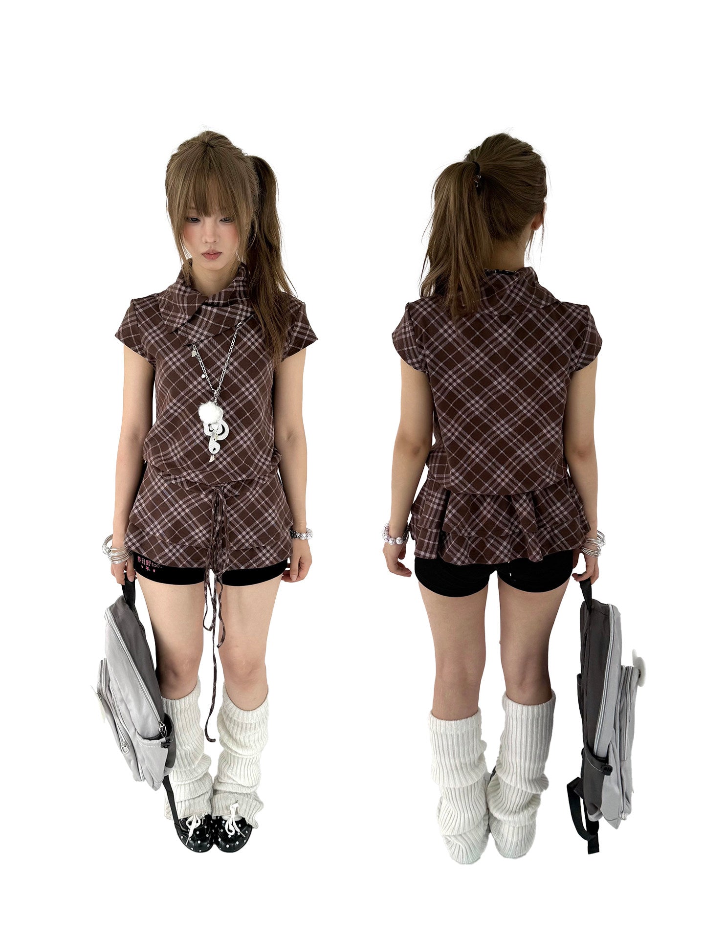Brown Plaid Drawstring Ruffle-Collar Tunic Top