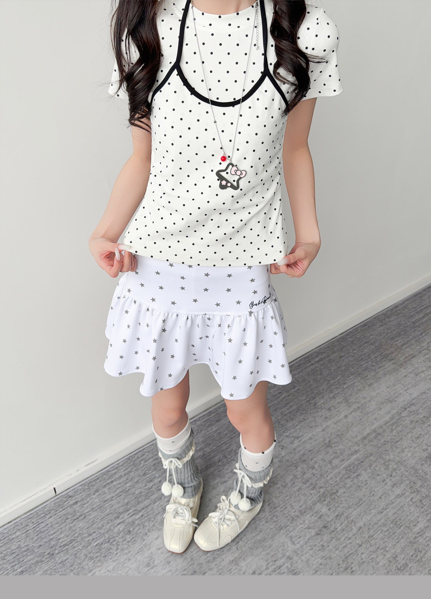 Polka Dot Faux-Layer Halter Fitted Tee