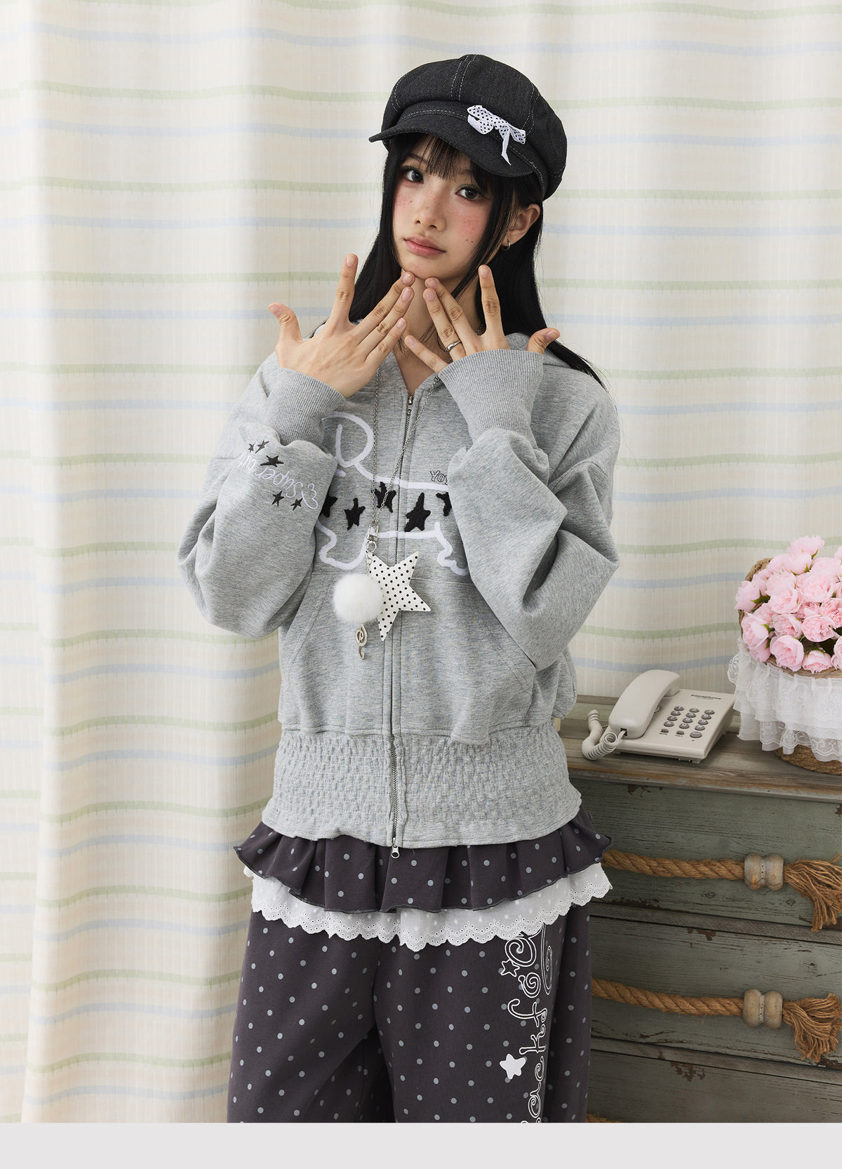 Star Puppy Smocked-Waist Zip-Up Hoodie