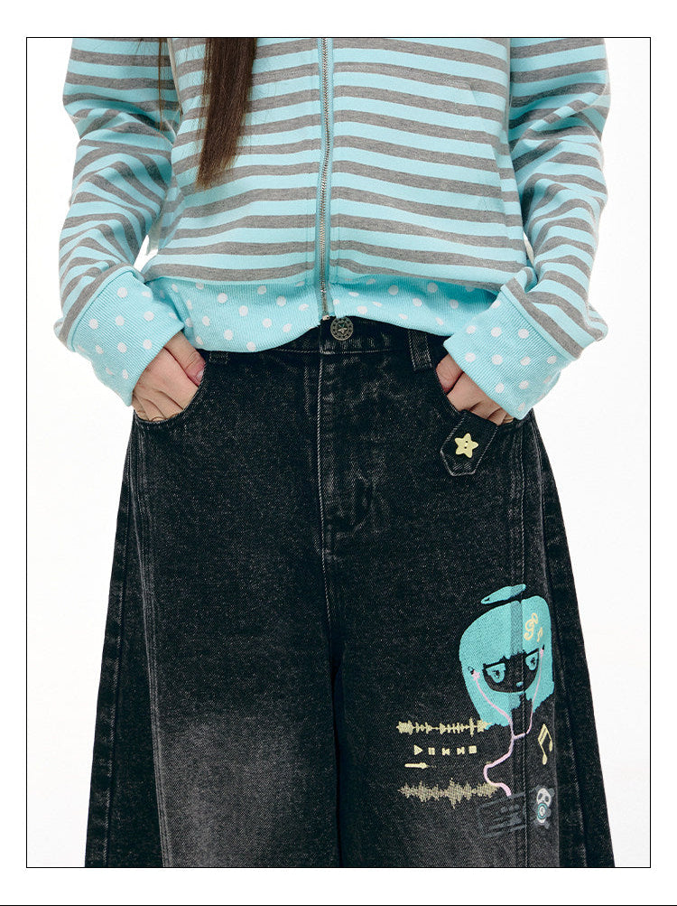 Washed Black Cartoon Music Note Barrel-Leg Jeans