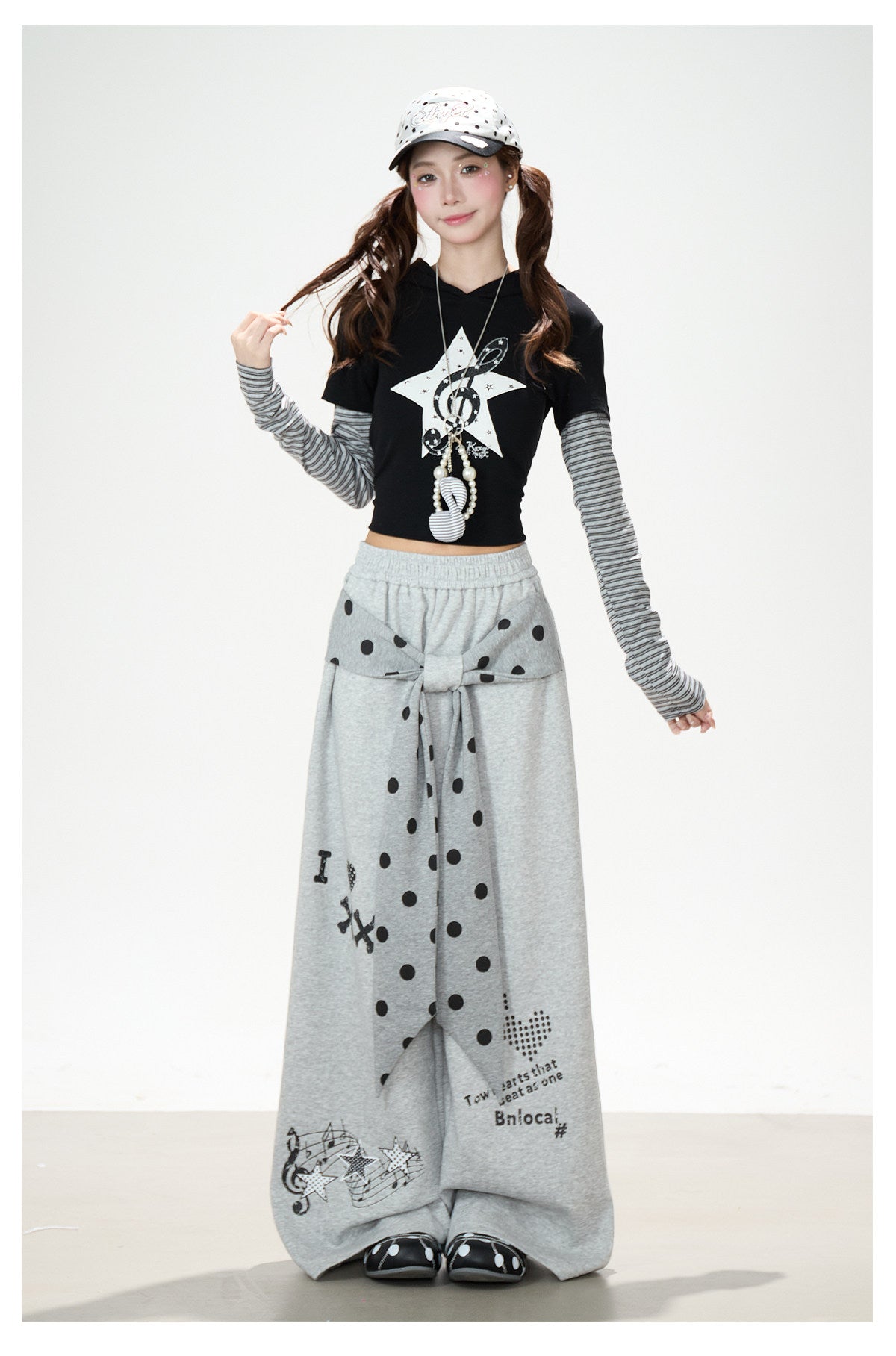 Music Note Star Tie-Waist Wide-Leg Sweatpants
