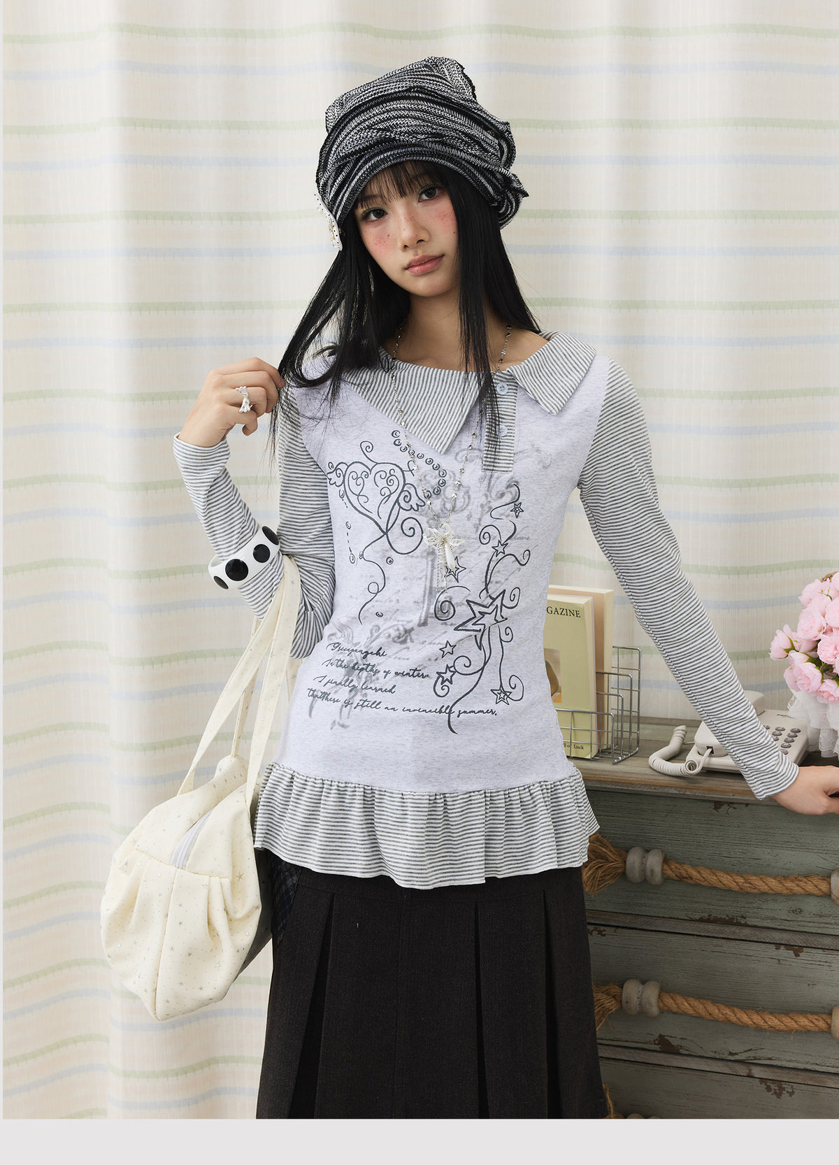 Graphic Stripe Faux-Layer Ruffle-Hem Long Sleeve Top