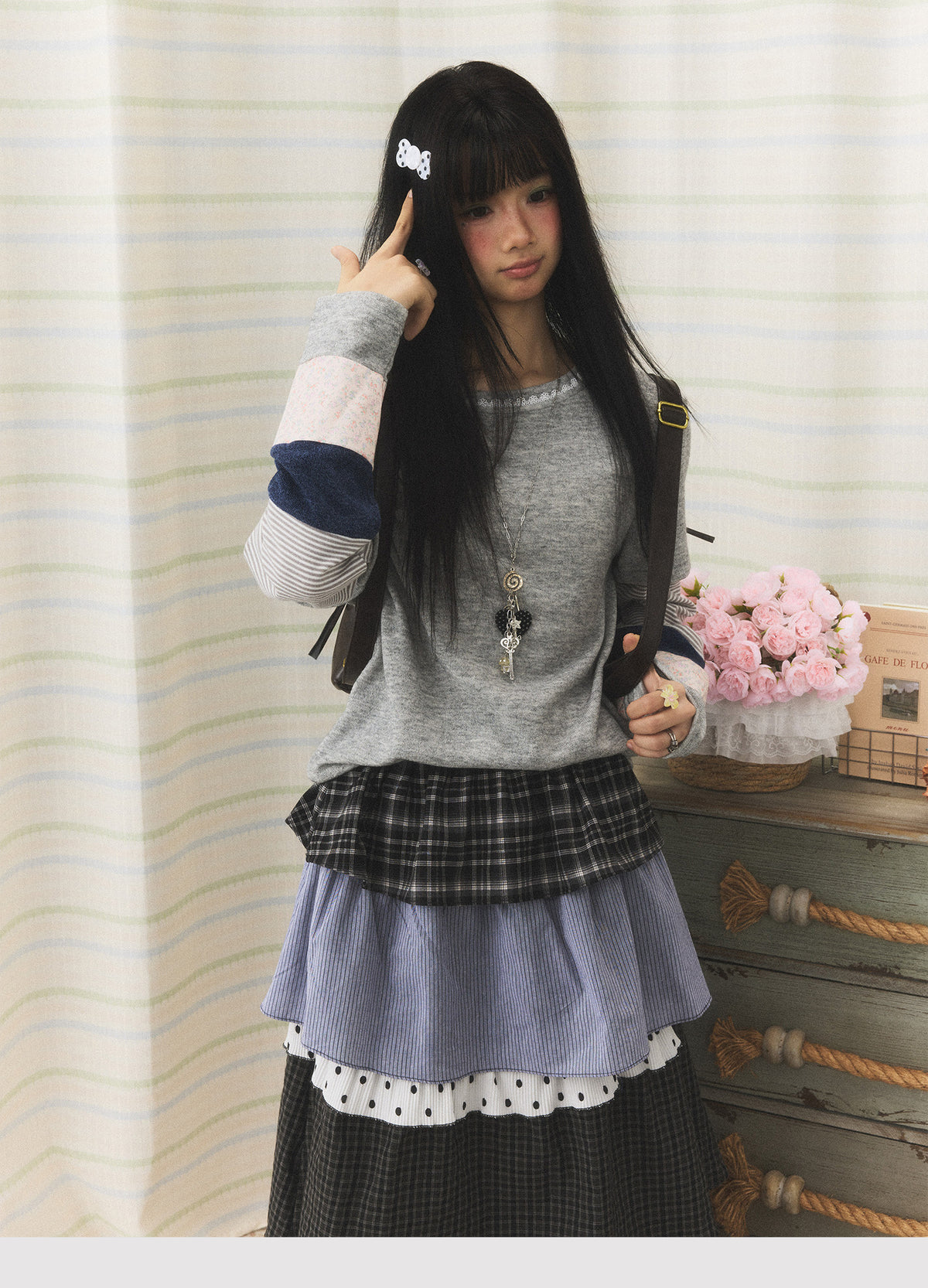 Lace-Trim Patchwork Faux-Layered Long Sleeve Top