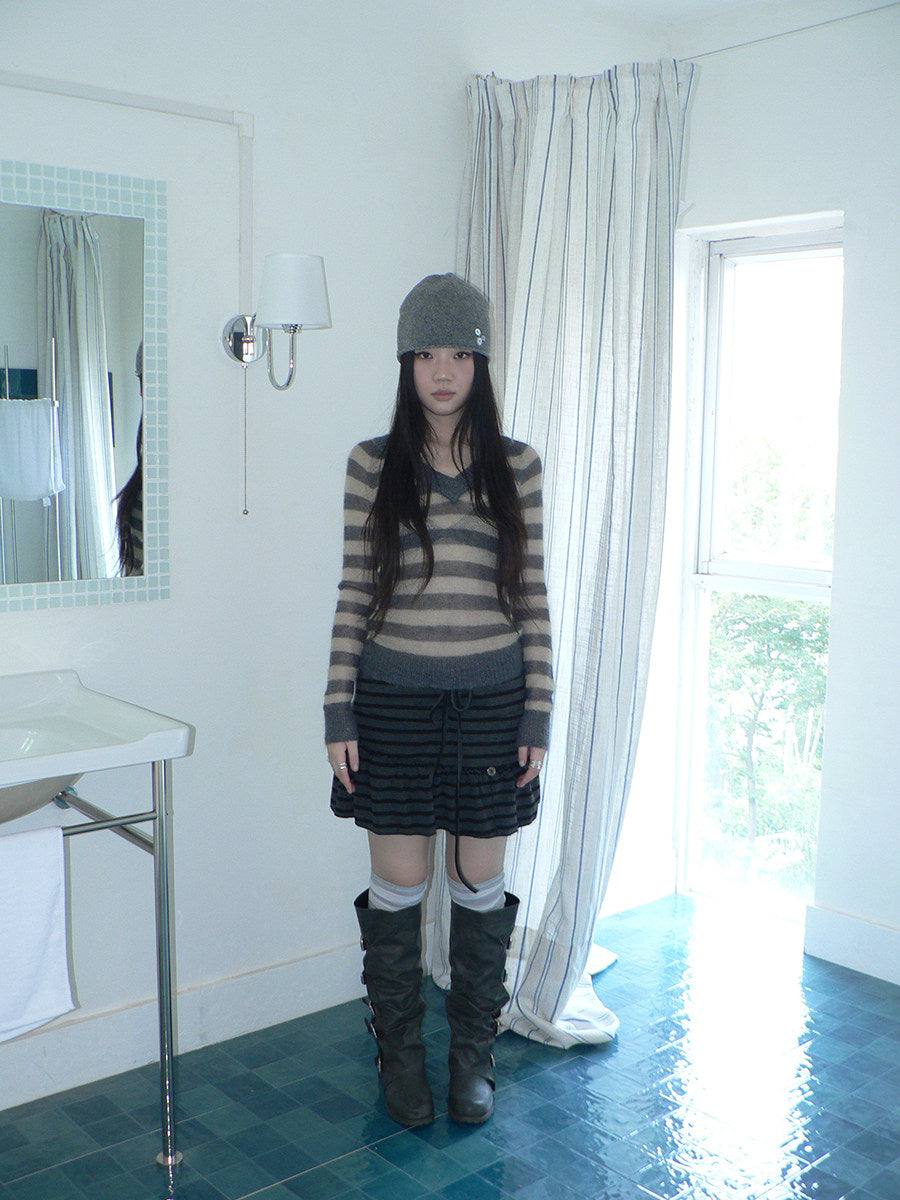 Striped Pleated Tie-Waist Mini Skirt