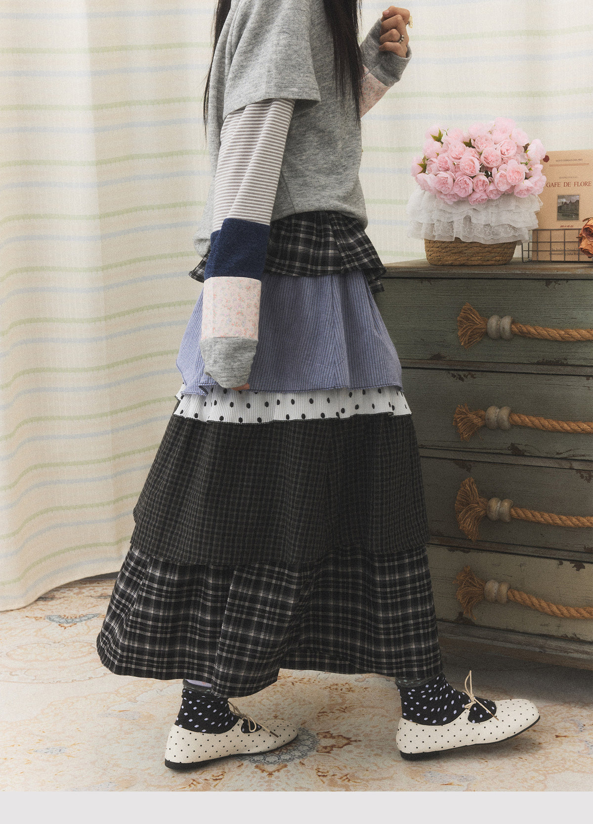 Mixed Plaid Tiered Patchwork Midi Skirt