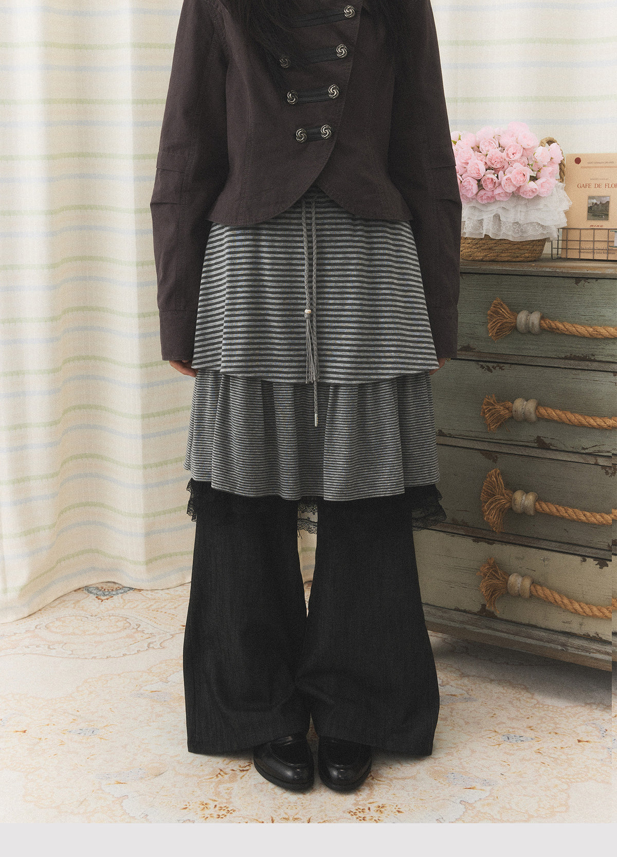 Striped Layered Skirt Wide-Leg Pants