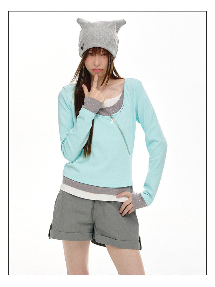 Triple-Layer Polka Dot Asymmetric Zip Long Sleeve Top