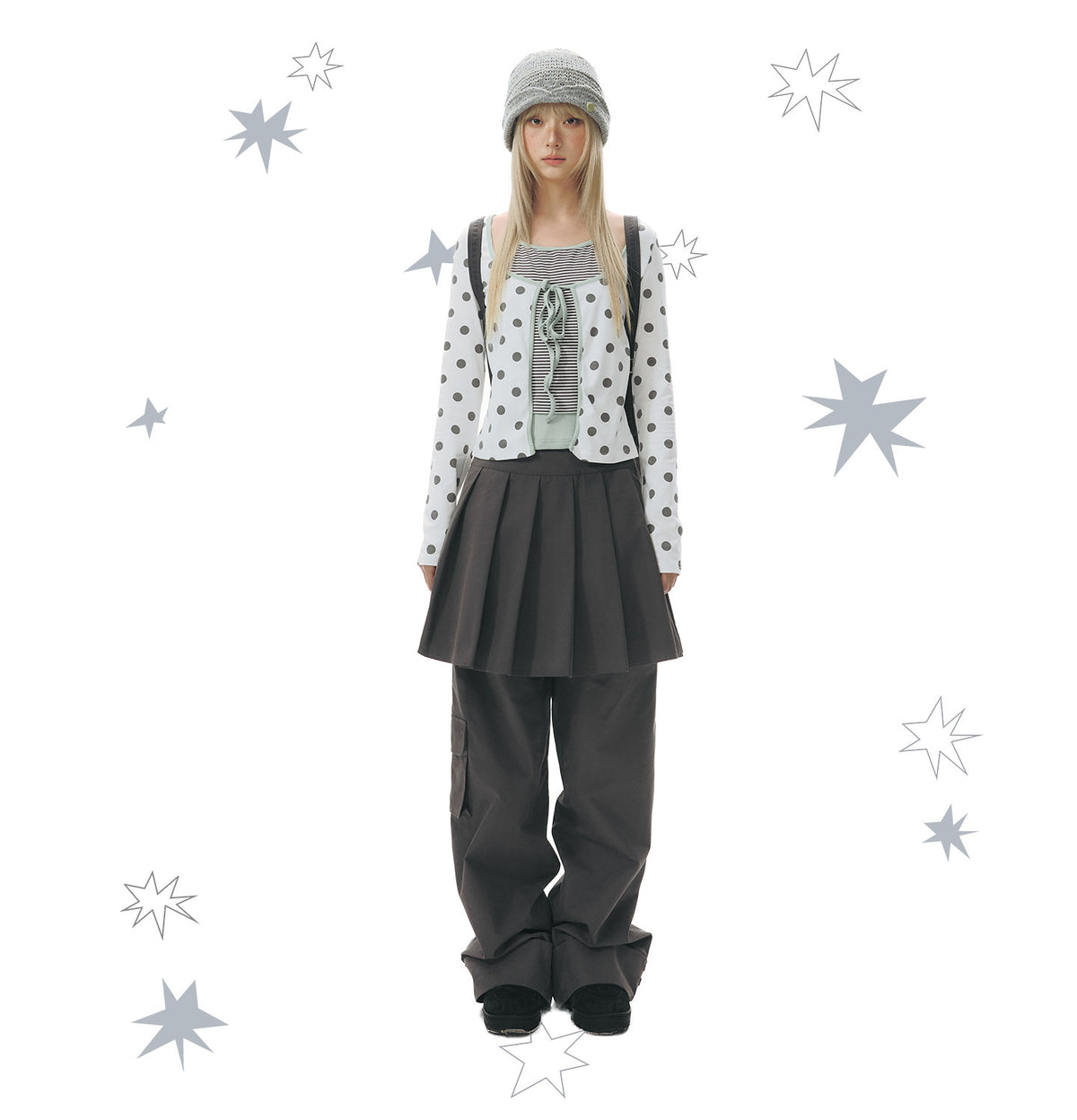 Pleated Skirt-Overlay Cargo Wide-Leg Pants