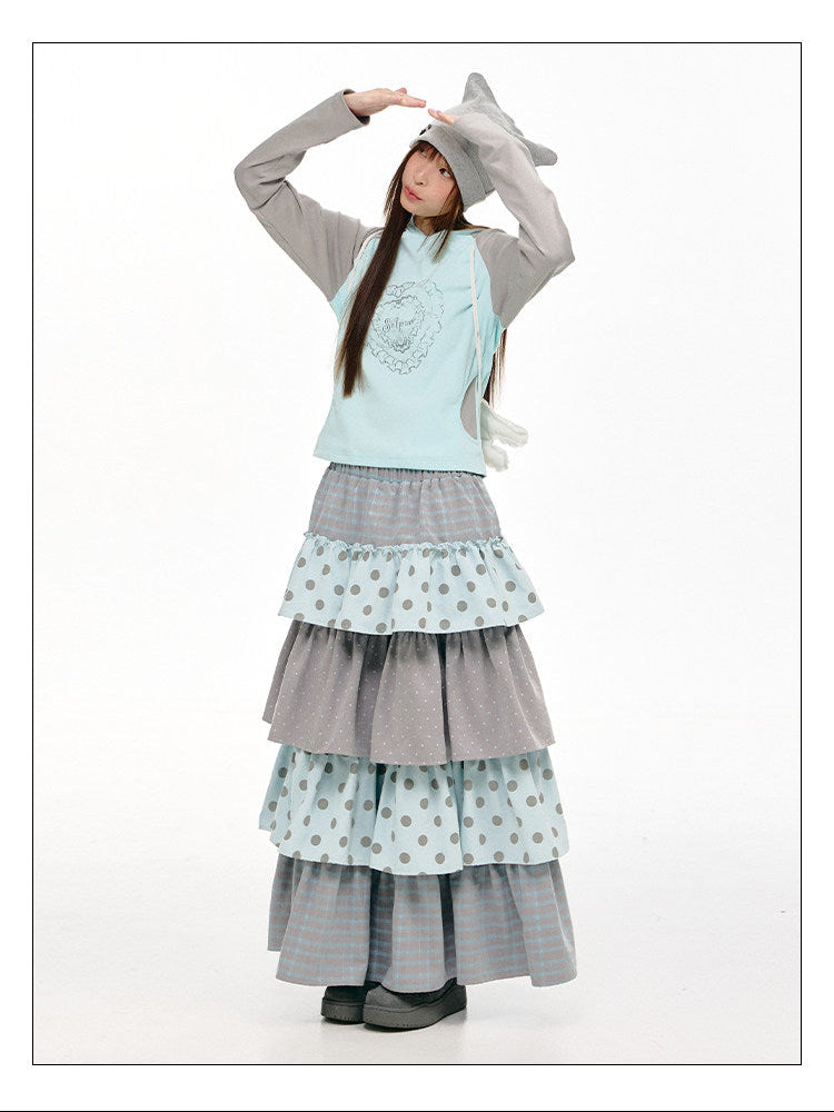 Mint Heart Contrast Hooded Long Sleeve Top