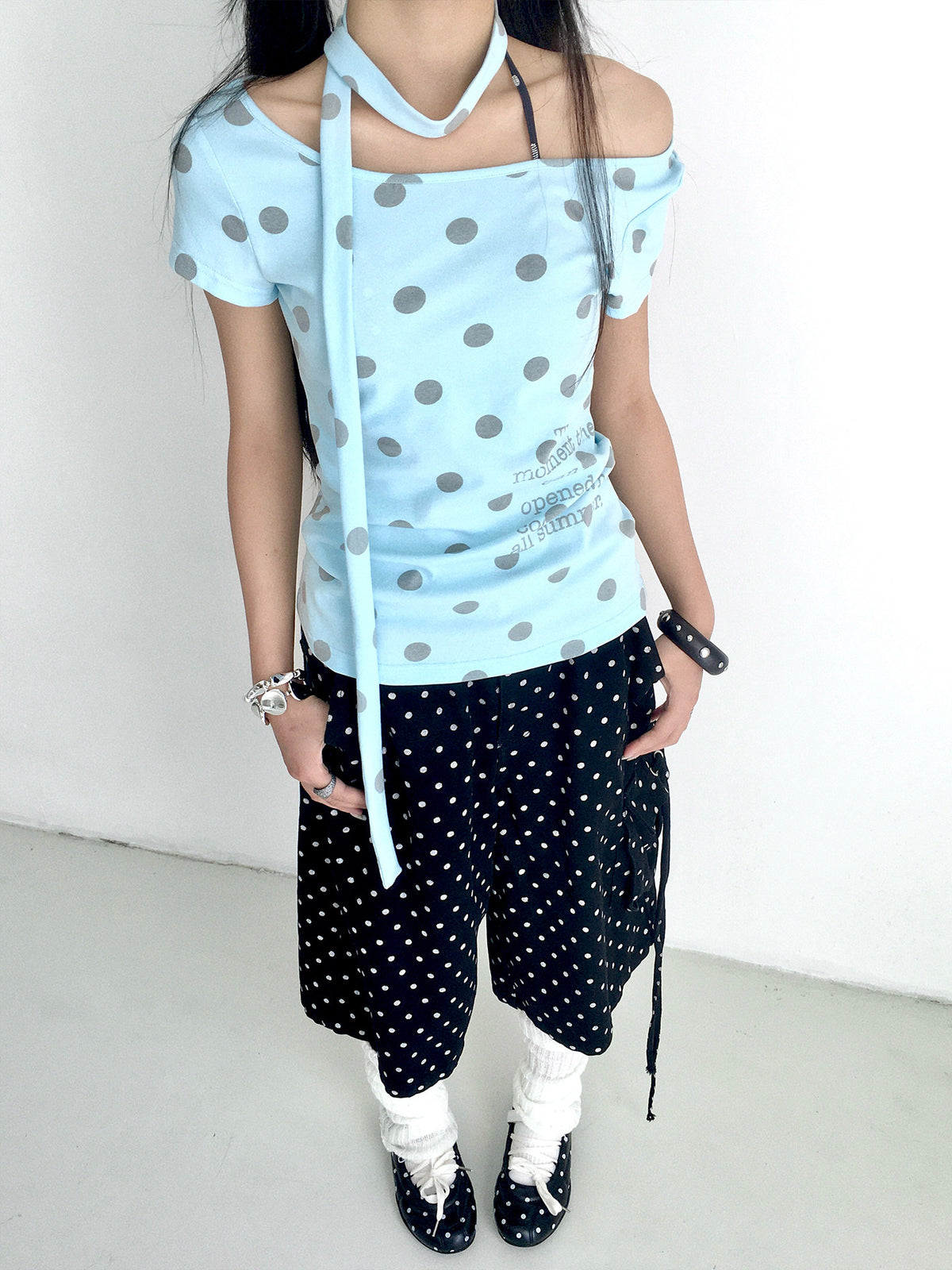 Polka Dot Scarf Short Sleeve Top