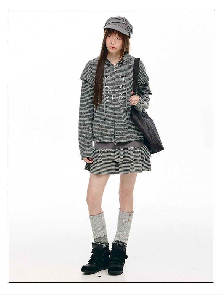 Charcoal Stripe Music Note Faux-Layer Zip Hoodie