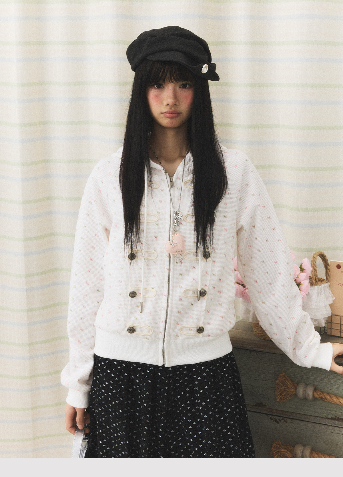 Floral Waffle Toggle Zip-Up Hoodie