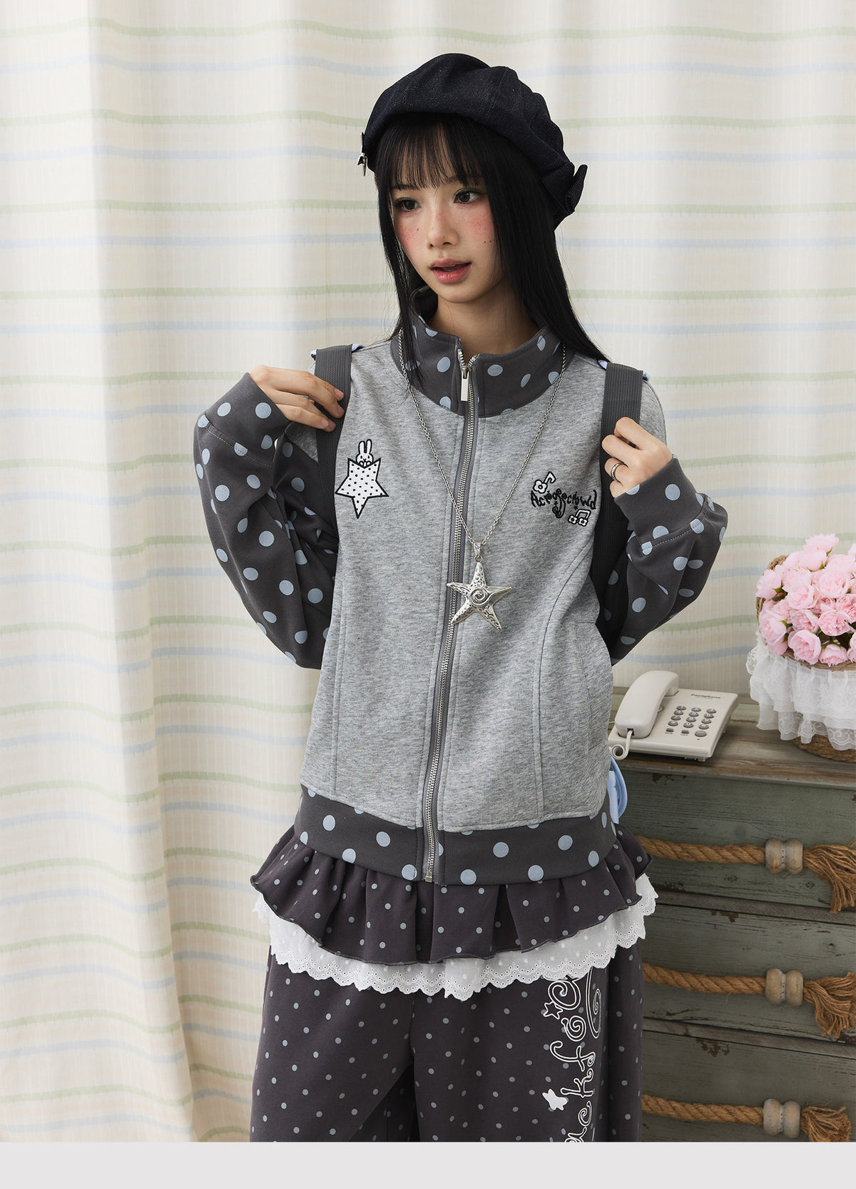 Polka Dot Contrast Embroidered Zip-Up Jacket
