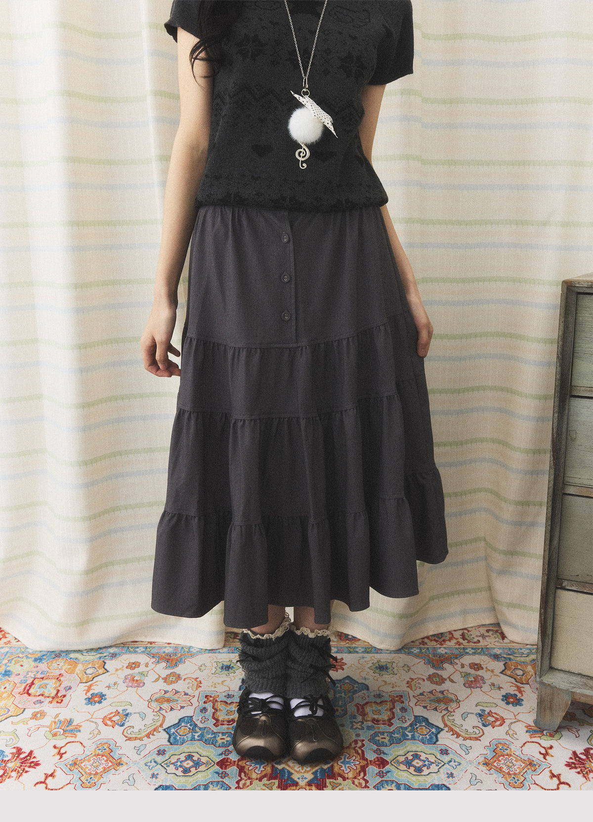 Charcoal Tiered Button Midi Skirt
