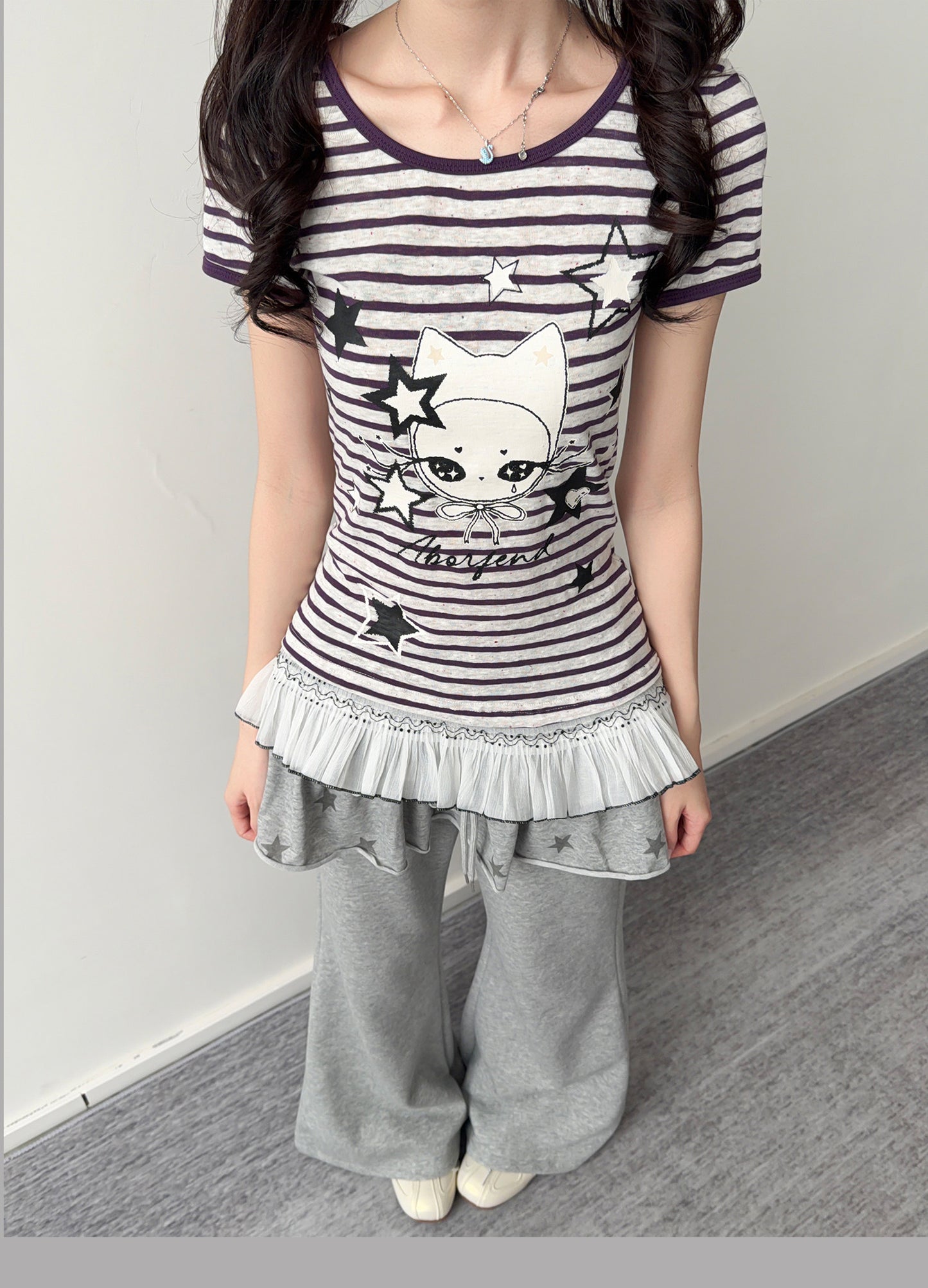 Purple Stripe Star Girl Ruffle-Hem Tee