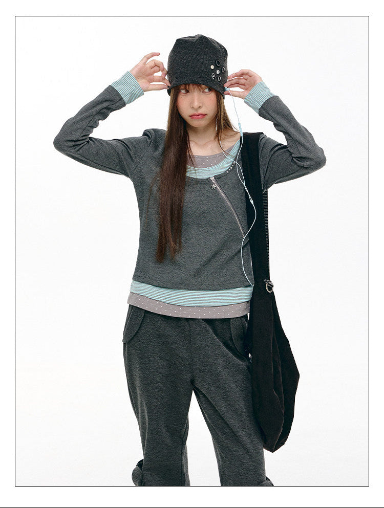 Diagonal Zip Faux-Layer Long Sleeve Top