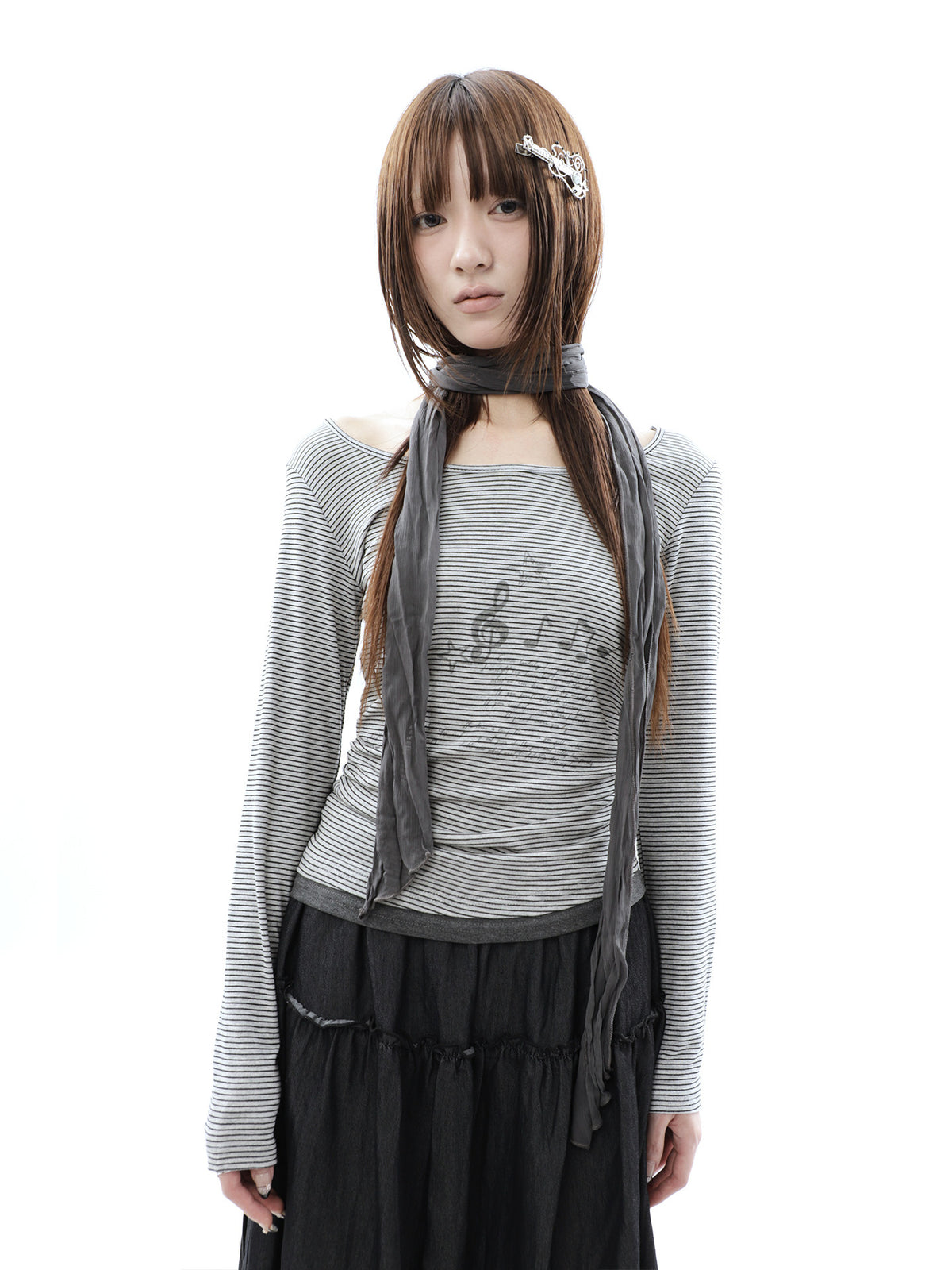Music Note Striped Layered Long Sleeve Top with Scarf