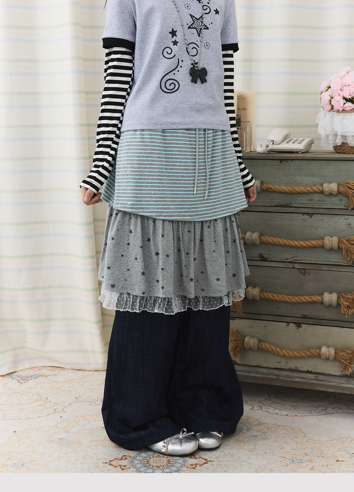 Star Stripe Layered Skirt Wide-Leg Pants