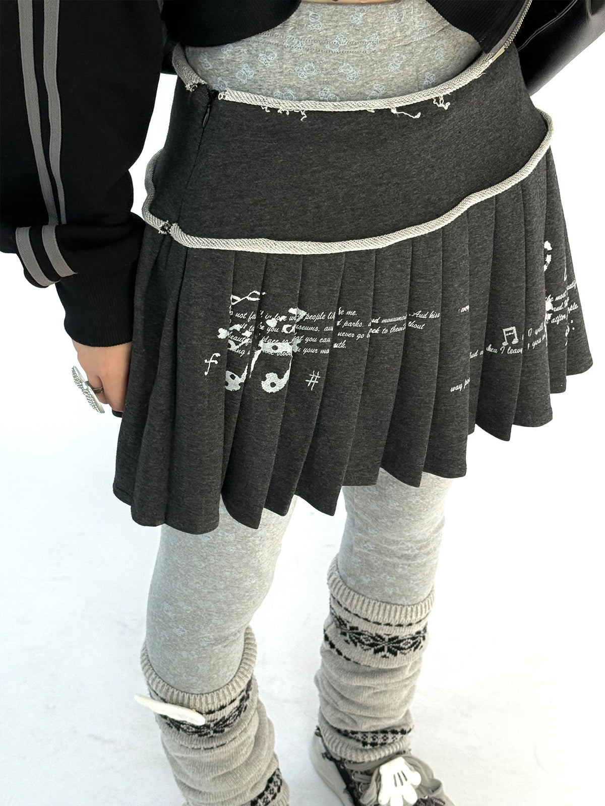 Music Note Rolled-Waist Pleated Mini Skirt