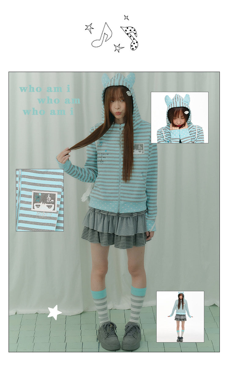 Mint & Gray Stripe Cat-Ear Zip Hoodie