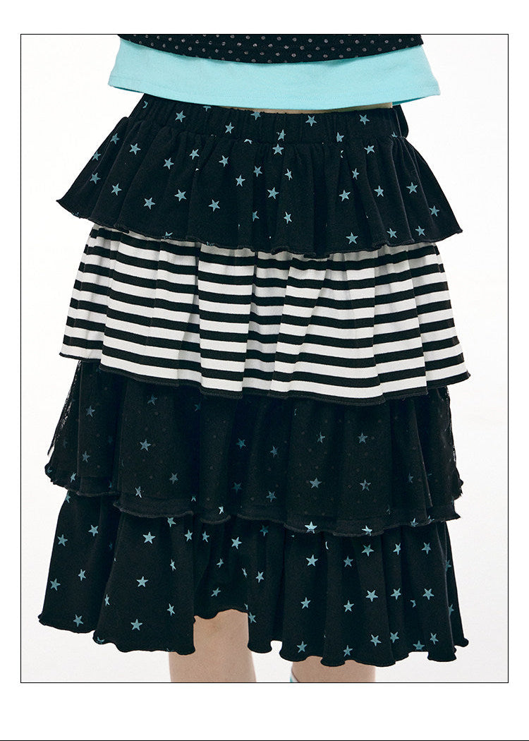 Star Stripe Tiered Ruffle Midi Skirt
