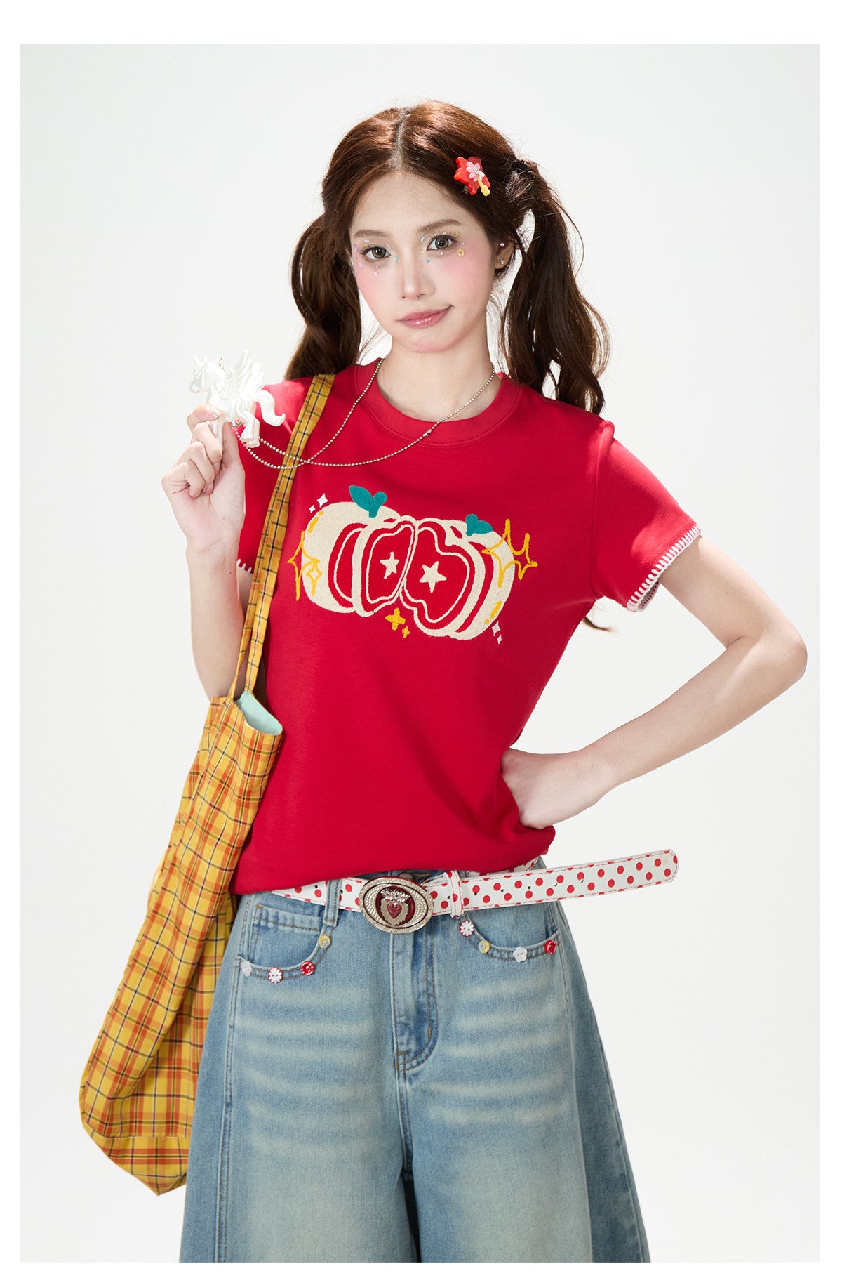 Apple Star Graphic Baby Tee & Denim Bermuda Pants