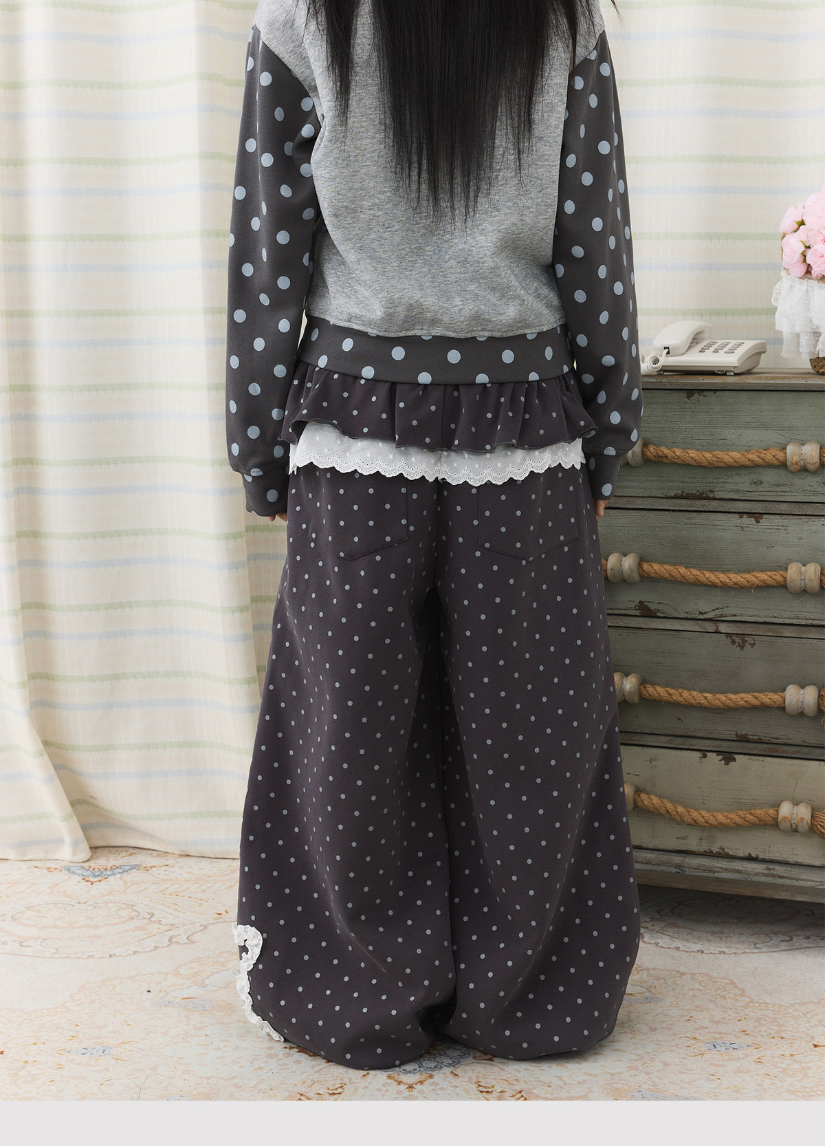 Polka Dot Lace Ruffle-Layer Wide-Leg Pants