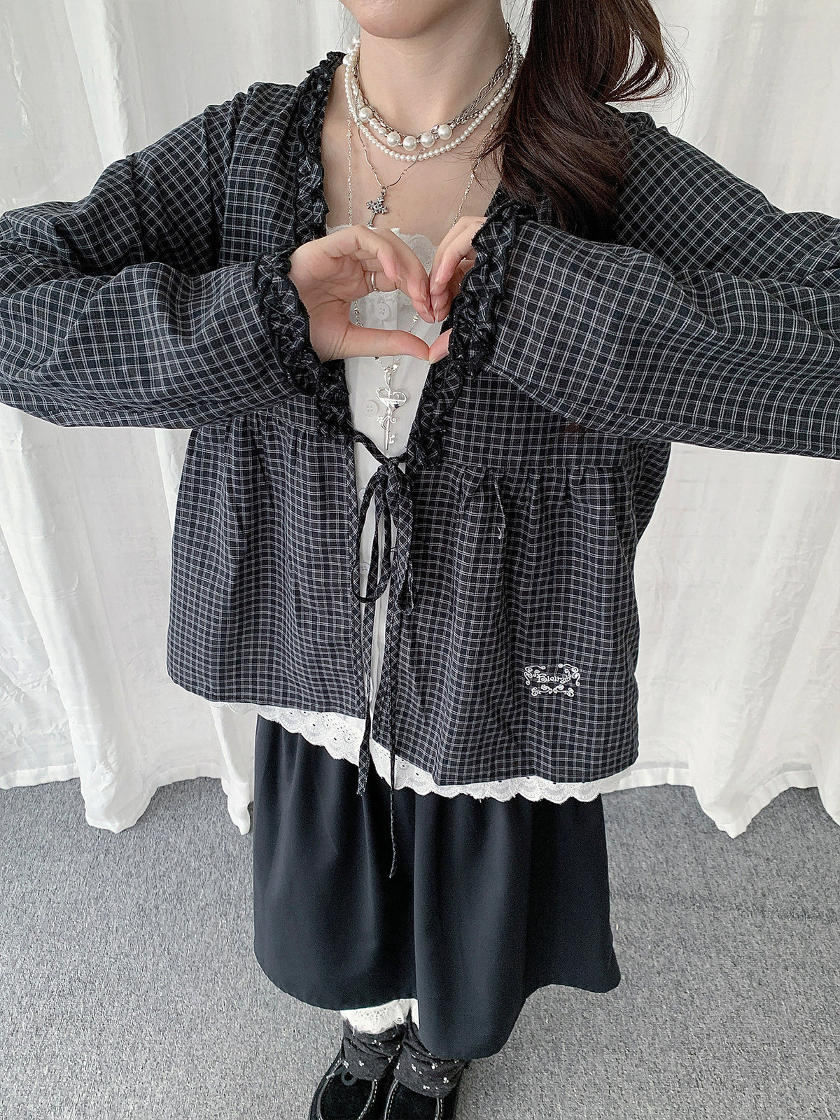 Ruffle-Trim Check Layered Tie-Front Top