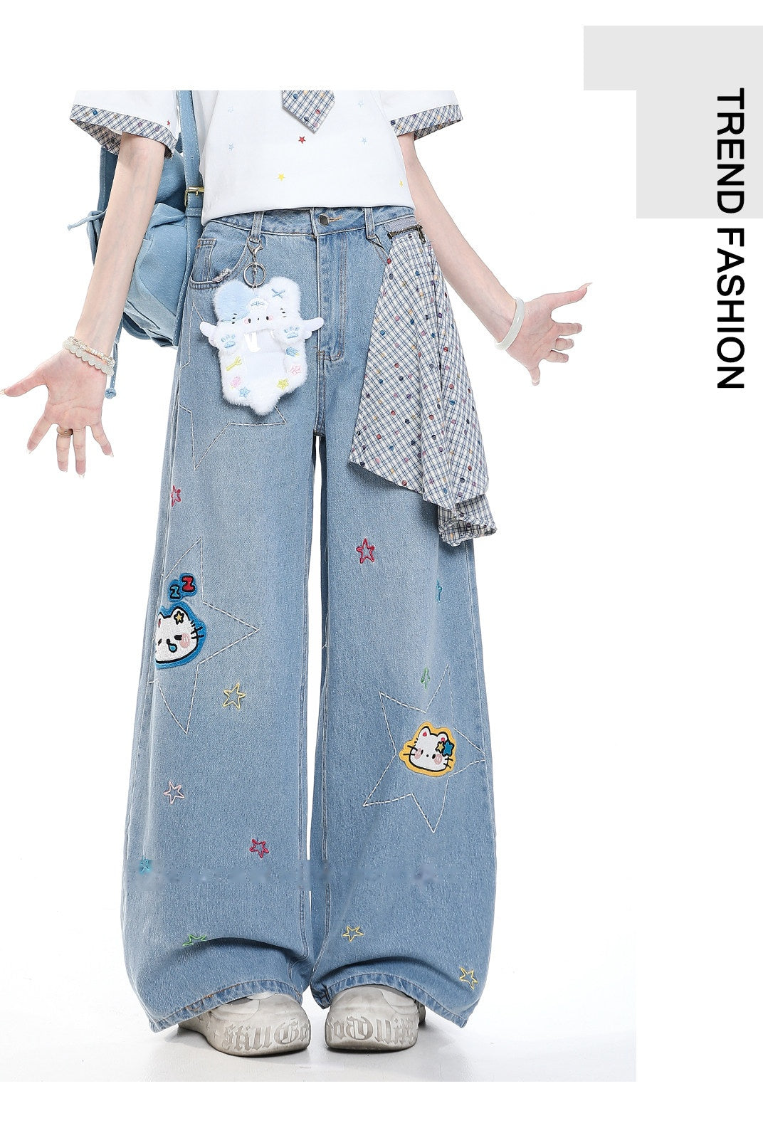Star Kitty Embroidered Wide-Leg Jeans with Plush Charm
