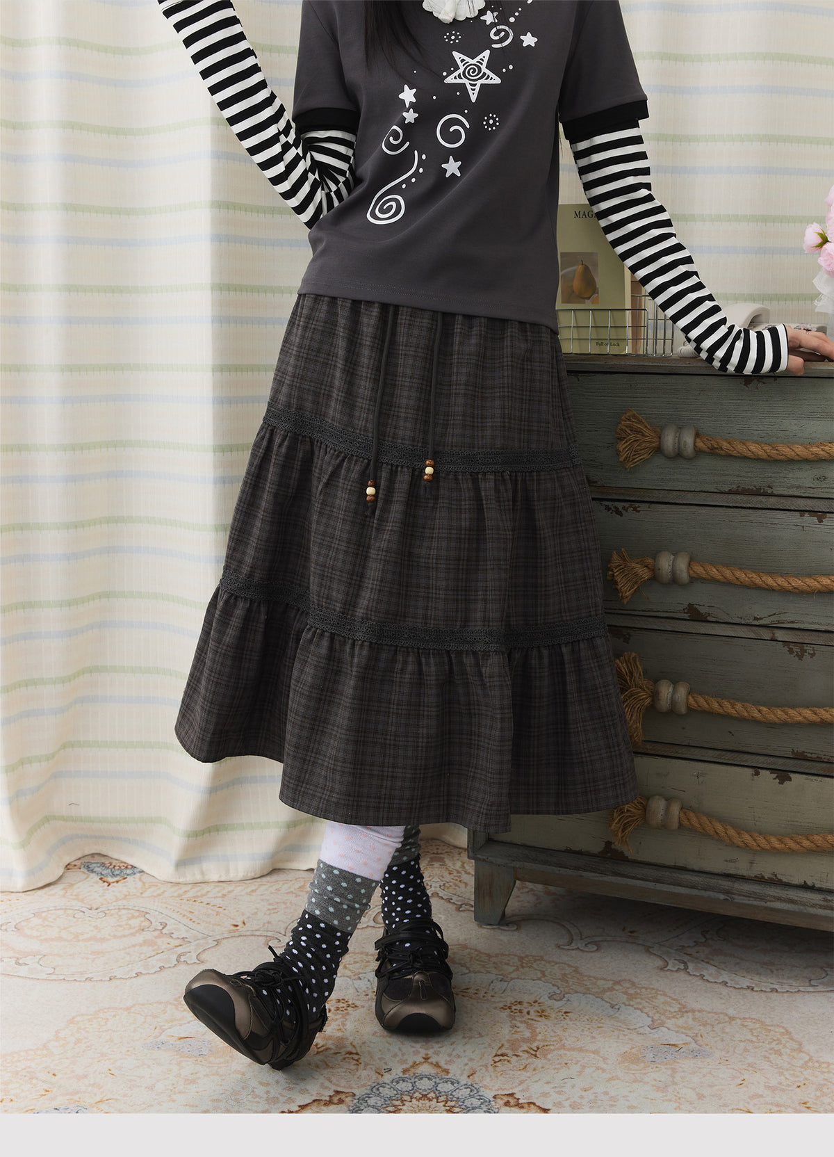 Plaid Tiered Lace Trim Midi Skirt