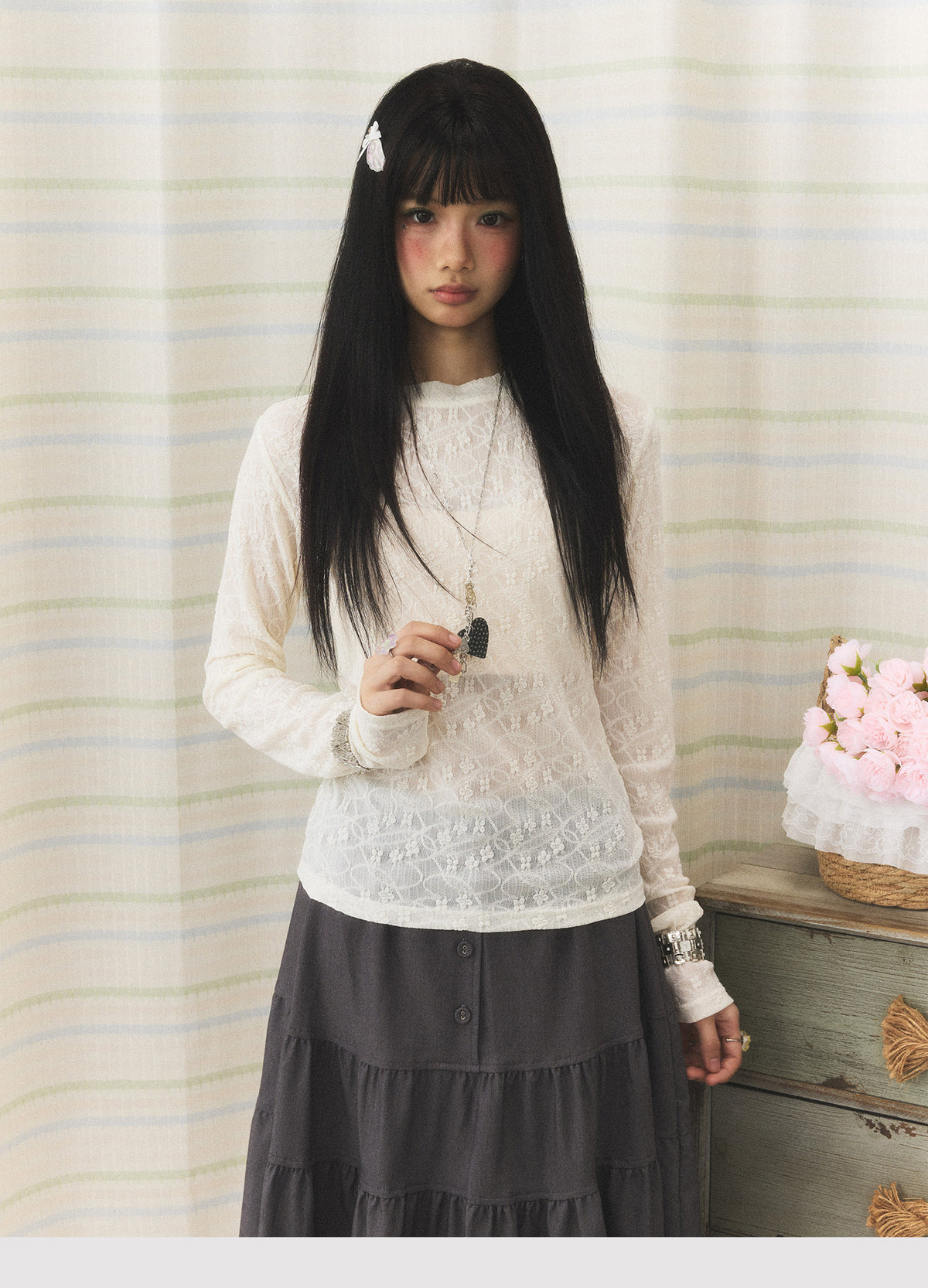 Floral Lace Long Sleeve & Jacquard Knit Short Sleeve Top