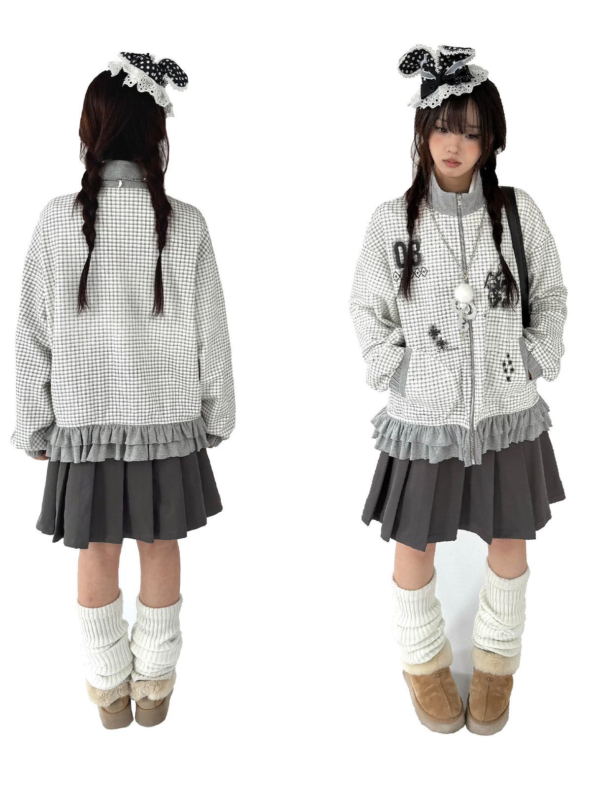 Sugar Check Graphic Ruffle-Hem Zip-Up Jacket