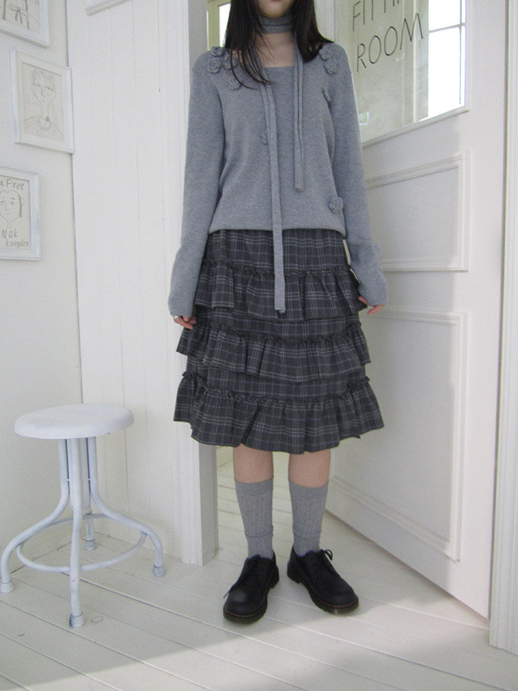 Vintage Gray Plaid Tiered Ruffle Skirt