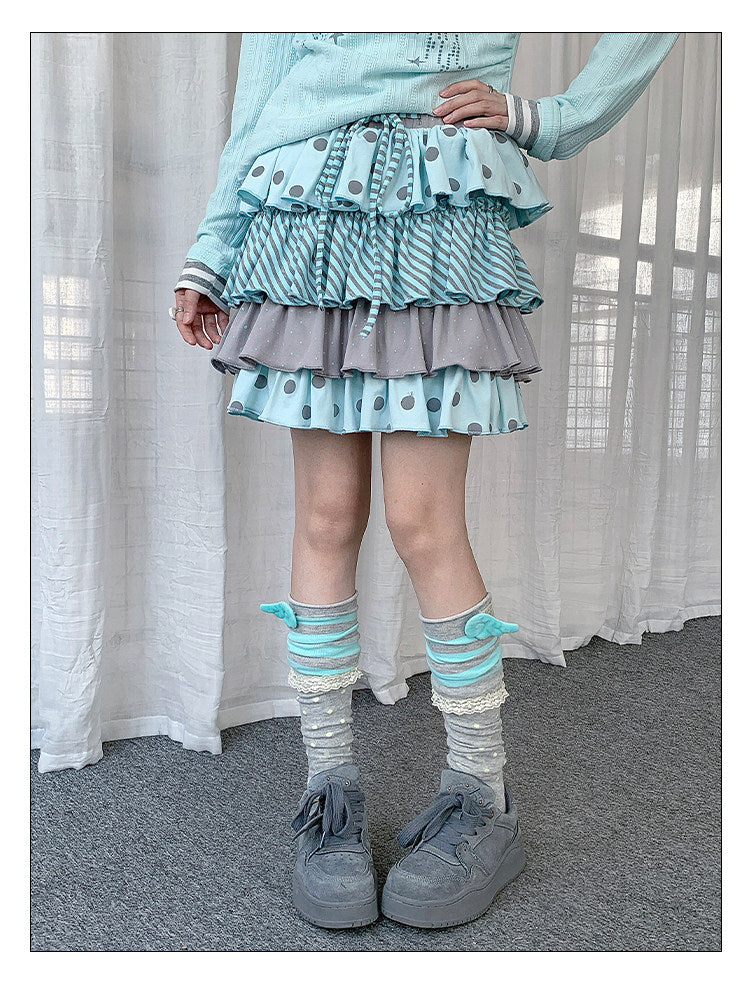 Polka Dot Stripe Tiered Mini Skirt